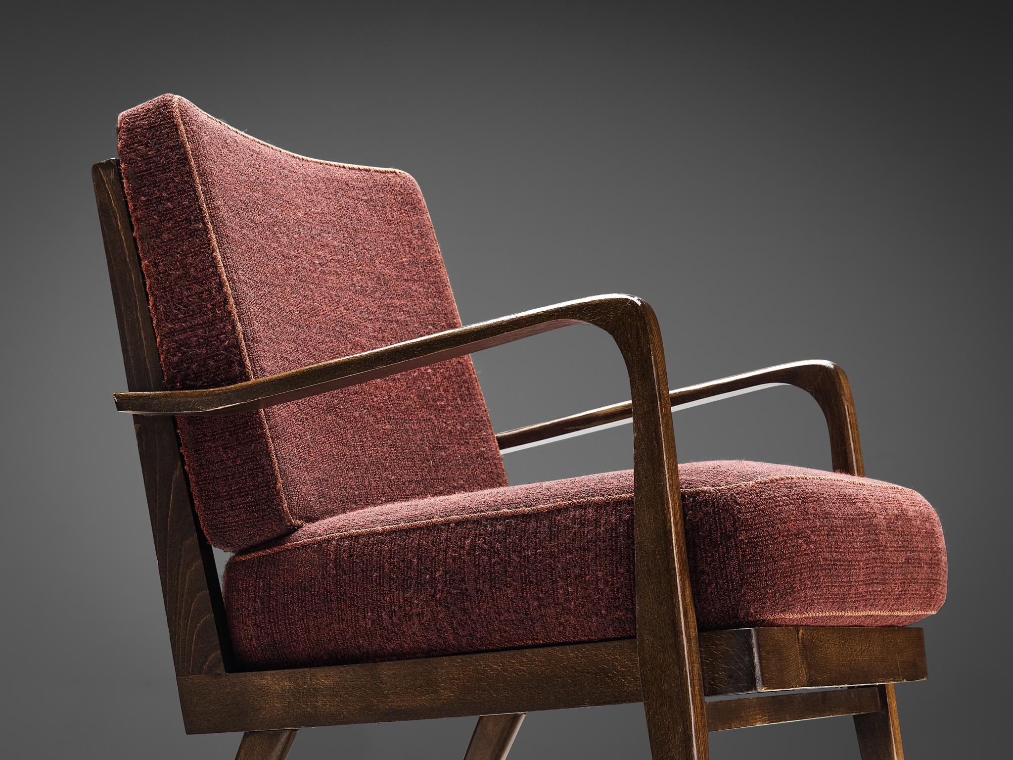 Mid-20th Century Danish Pair of Armchairs in Green and Burgundy Red Upholstery