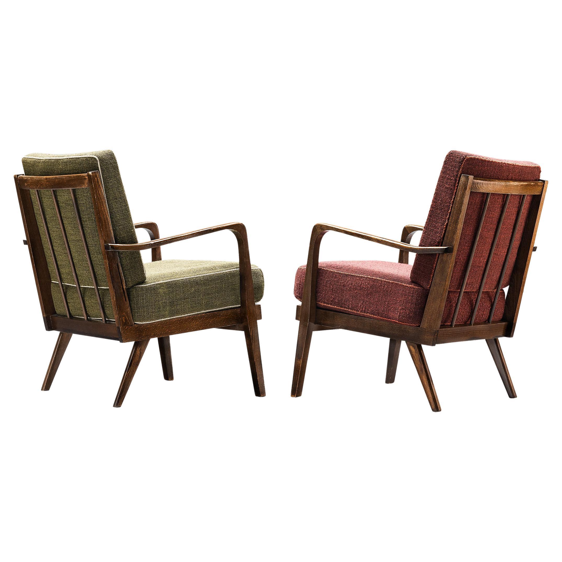Danish Pair of Armchairs in Green and Burgundy Red Upholstery