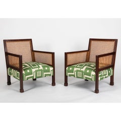 Pair of Danish Armchairs in Oak and Caned Panels with a Robert Allen Fabric
