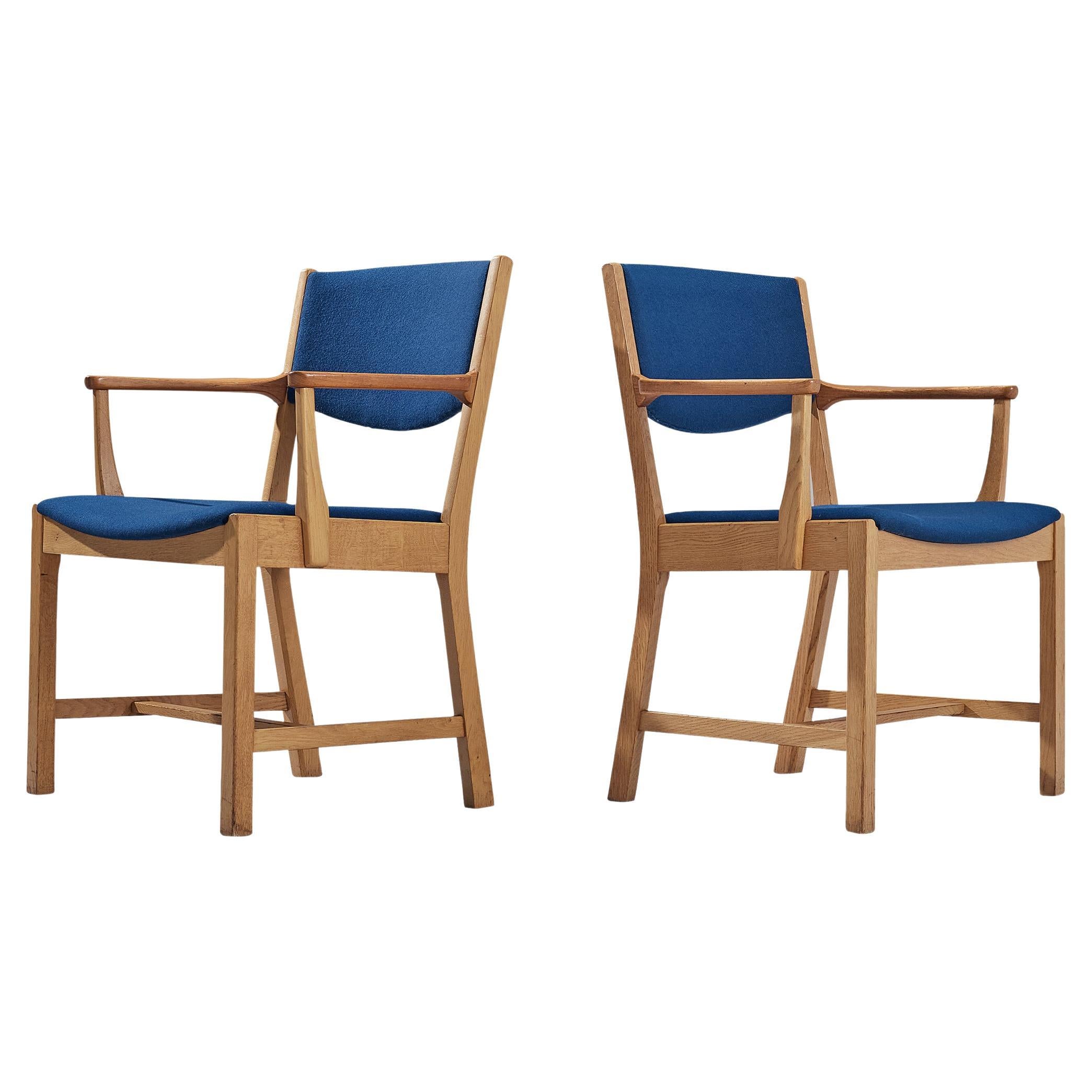 Pair of Danish Armchairs in Oak, Teak and Blue Upholstery For Sale