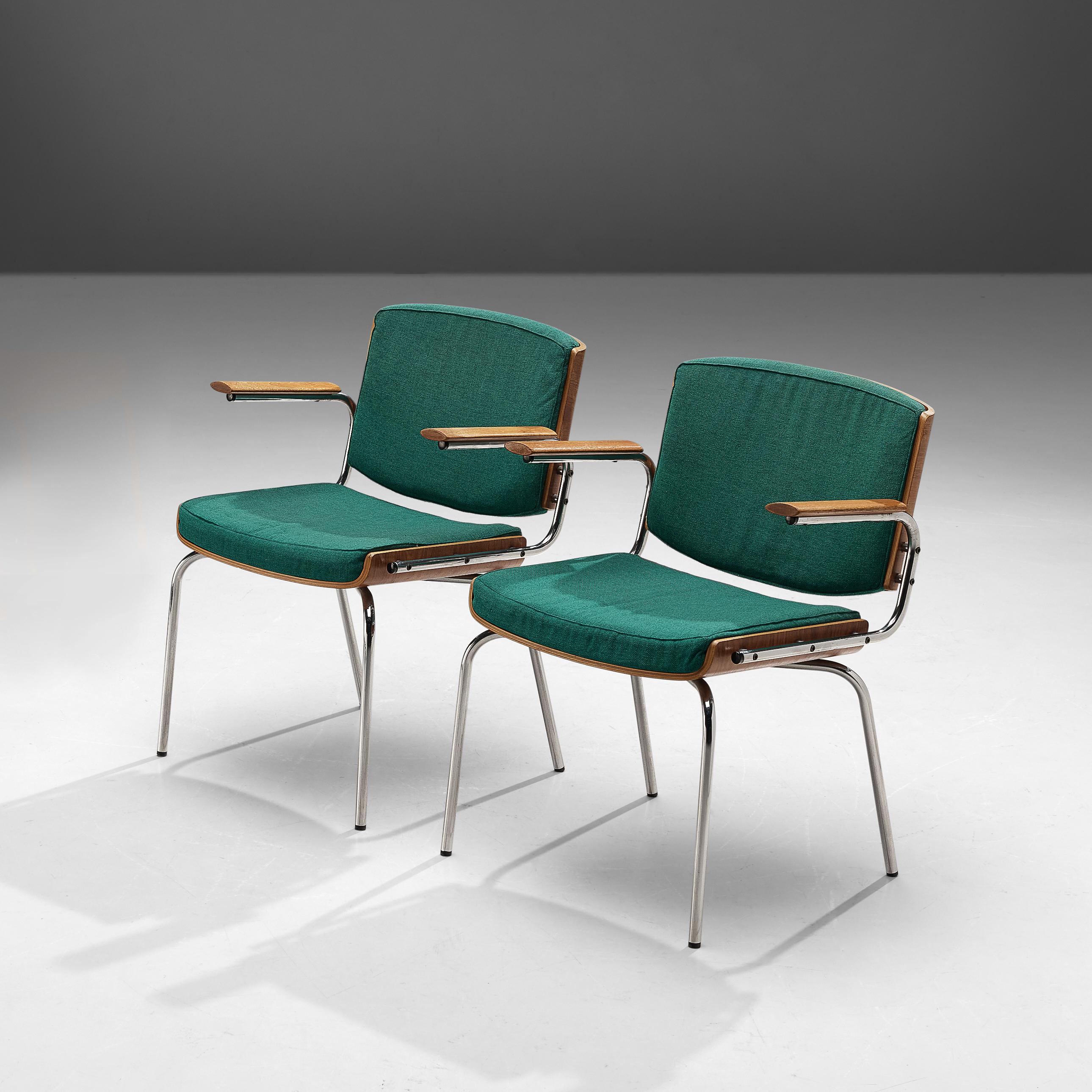 Armchairs, teak, fabric, metal, Denmark, 1970s

The design features a striking combination of materials and textures. The back of the backrest and frame of the seat are made in wood. The green fabric upholstery combines wonderfully with the wood.