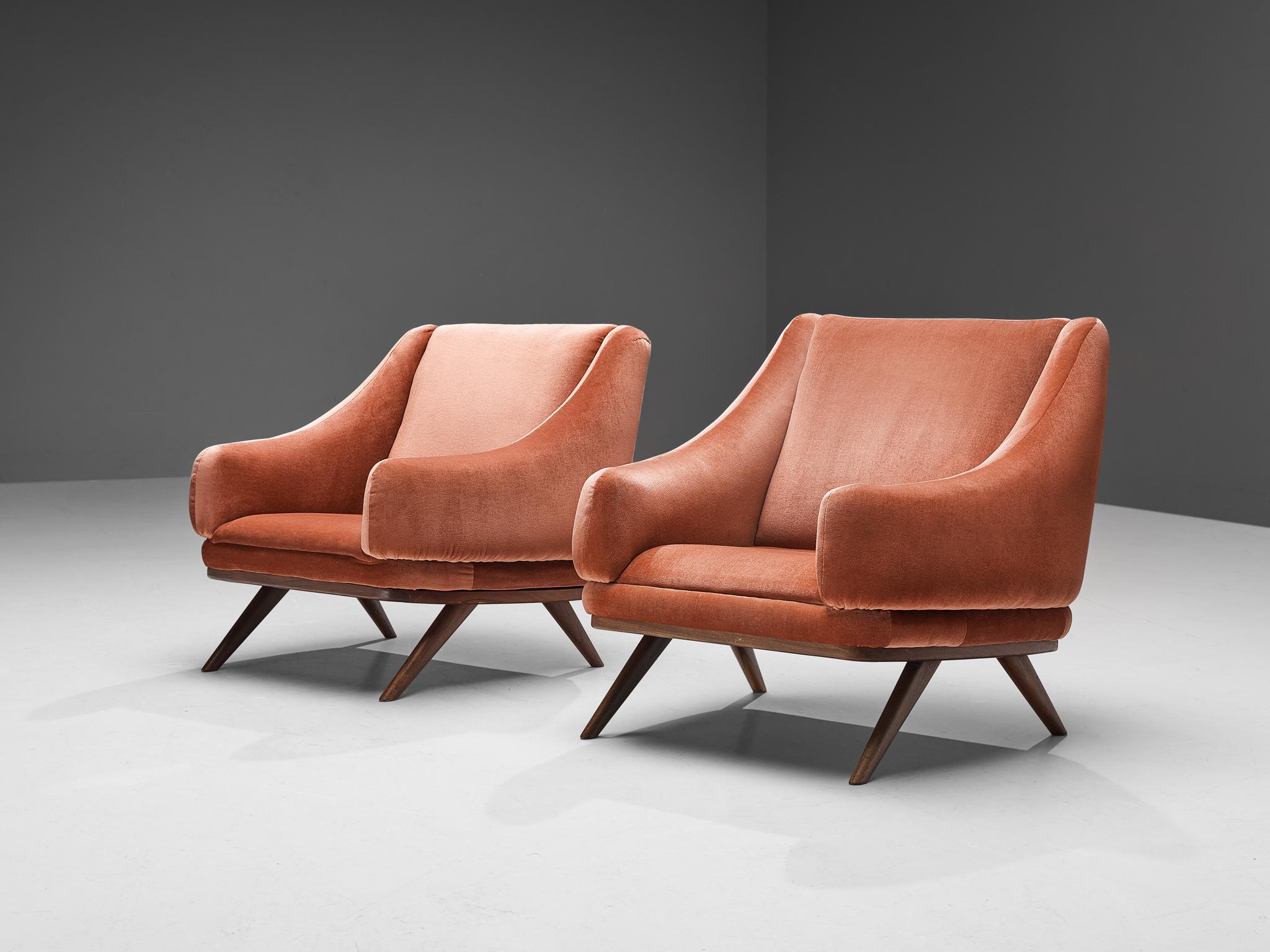 Mid-20th Century Pair of Danish Armchairs in Teak and Pink Velvet Upholstery