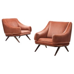 Pair of Danish Armchairs in Teak and Pink Velvet Upholstery