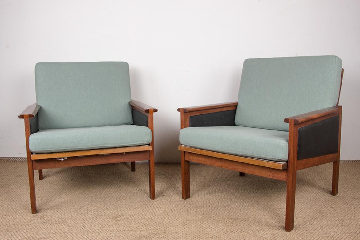 Paire de fauteuils danois, teck, tissu et cuir, modèle Capella Illum Wikkelso en vente 11