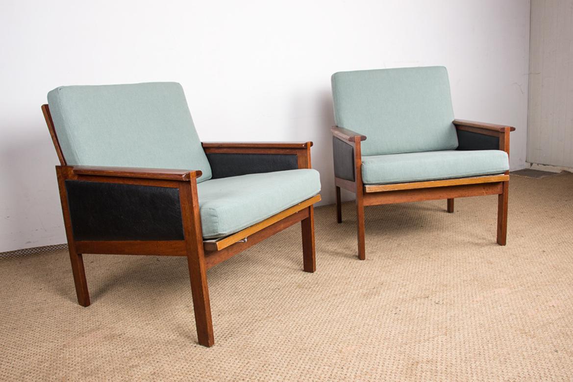 Paire de fauteuils danois, teck, tissu et cuir, modèle Capella Illum Wikkelso en vente 12