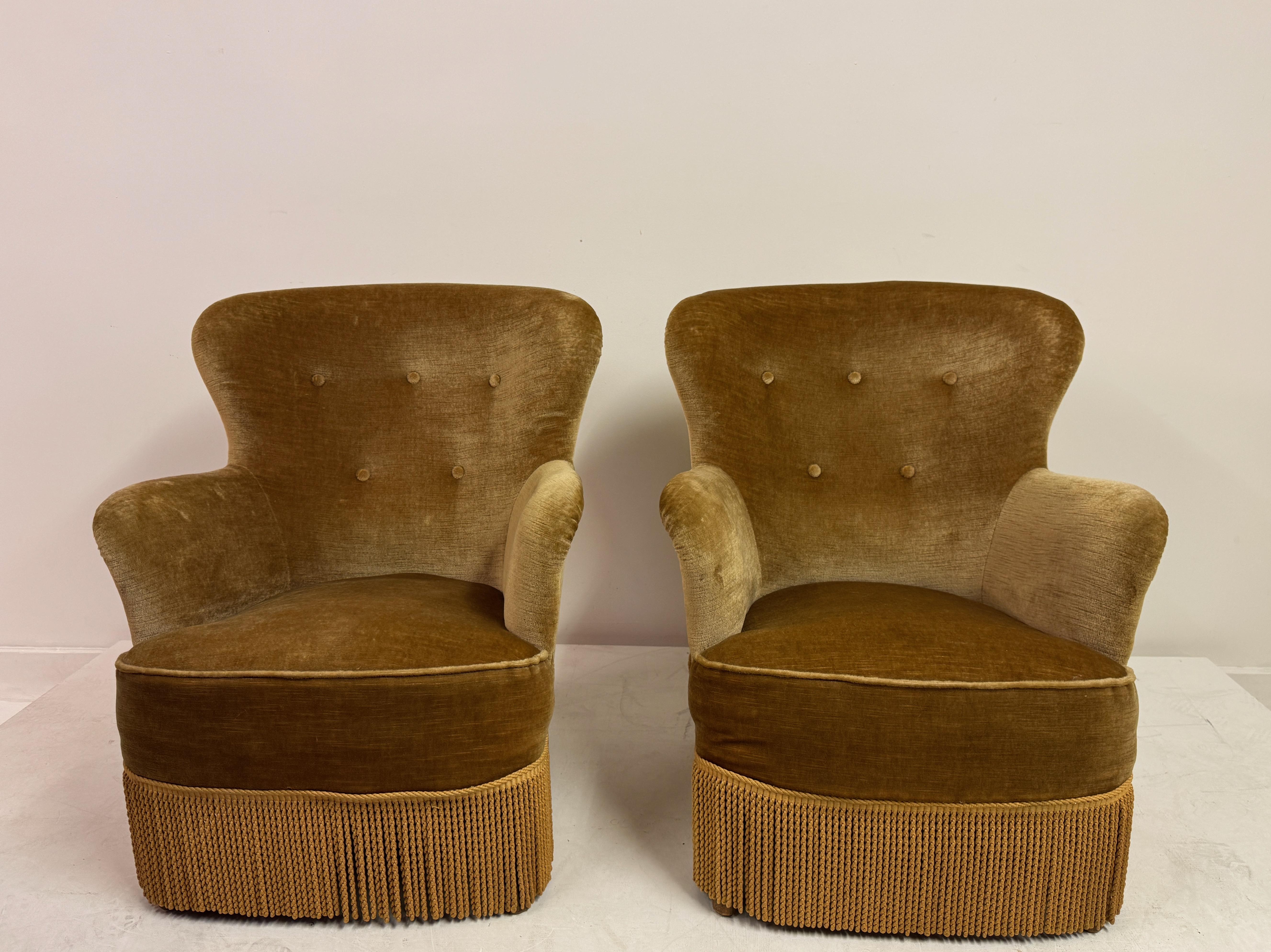 Mid-Century Modern Pair of Danish Armchairs with Fringe Skirts, 1950s–1960s For Sale