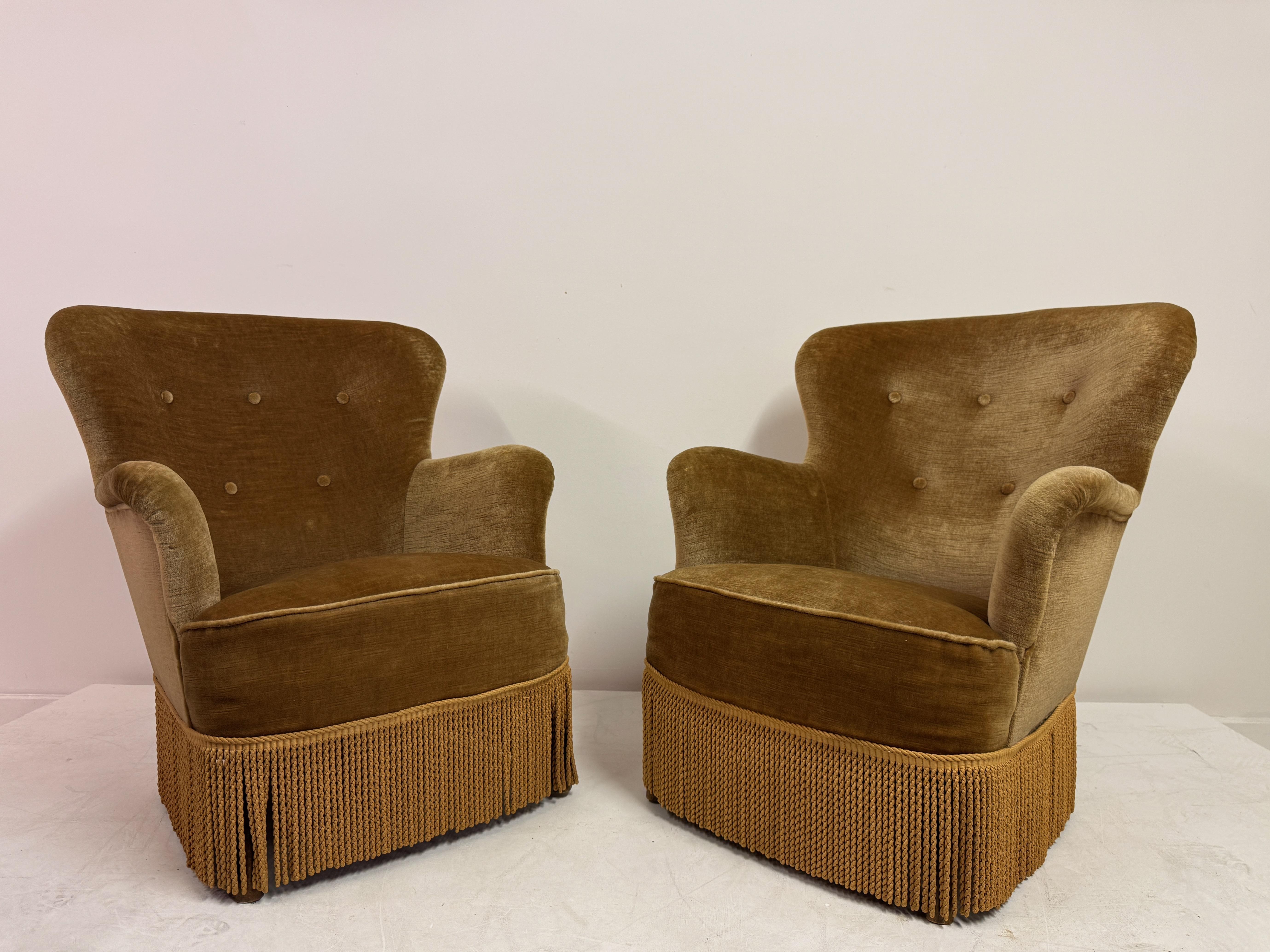 Pair of Danish Armchairs with Fringe Skirts, 1950s–1960s For Sale 1