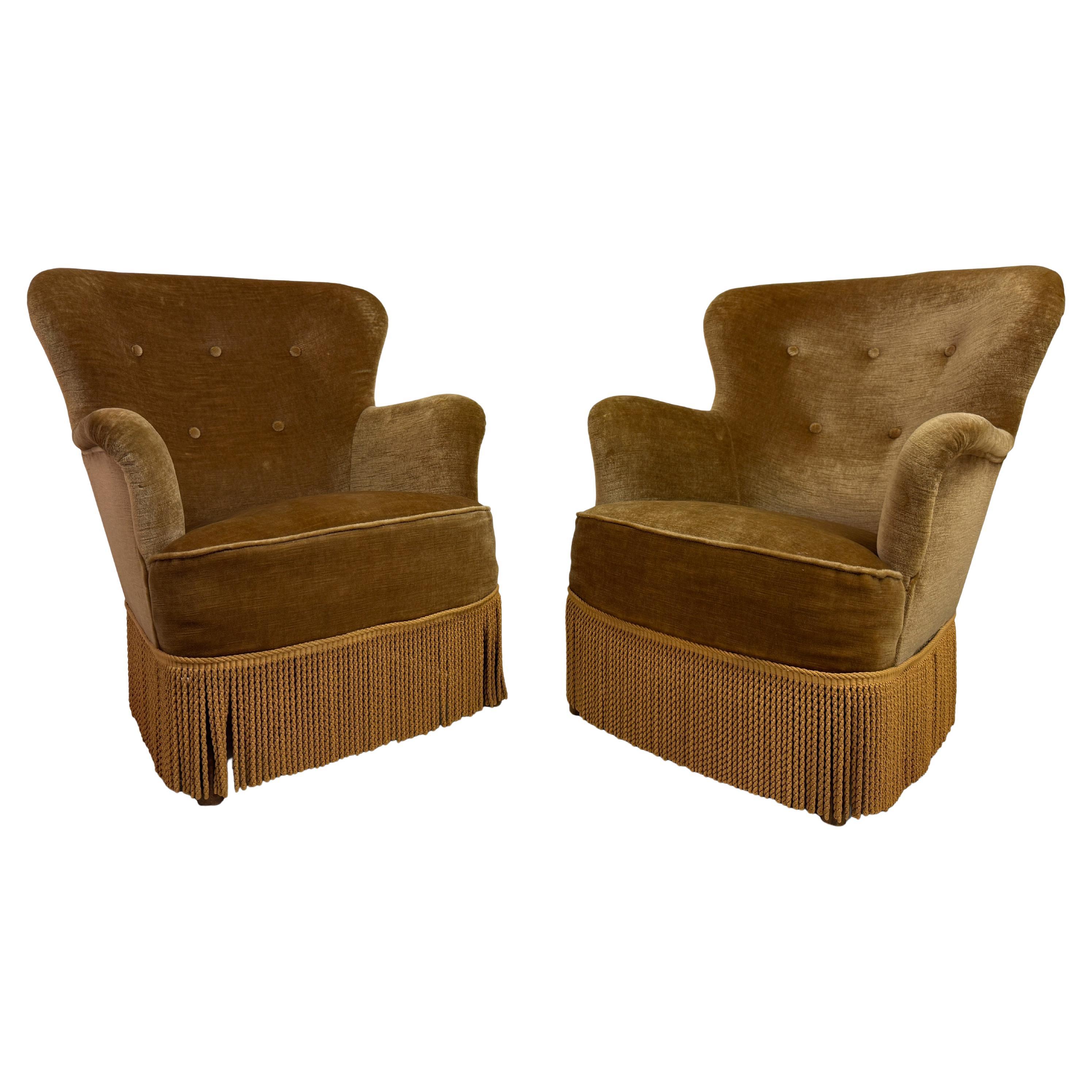 Pair of Danish Armchairs with Fringe Skirts, 1950s–1960s For Sale