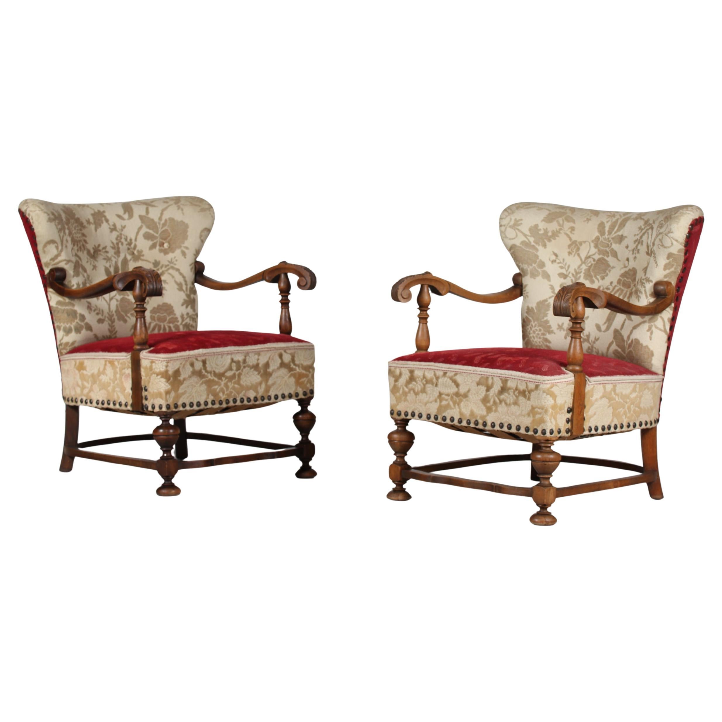 Paire de chaises longues danoises Art Déco Authentique 1940s en Oak massif Brutalist en vente