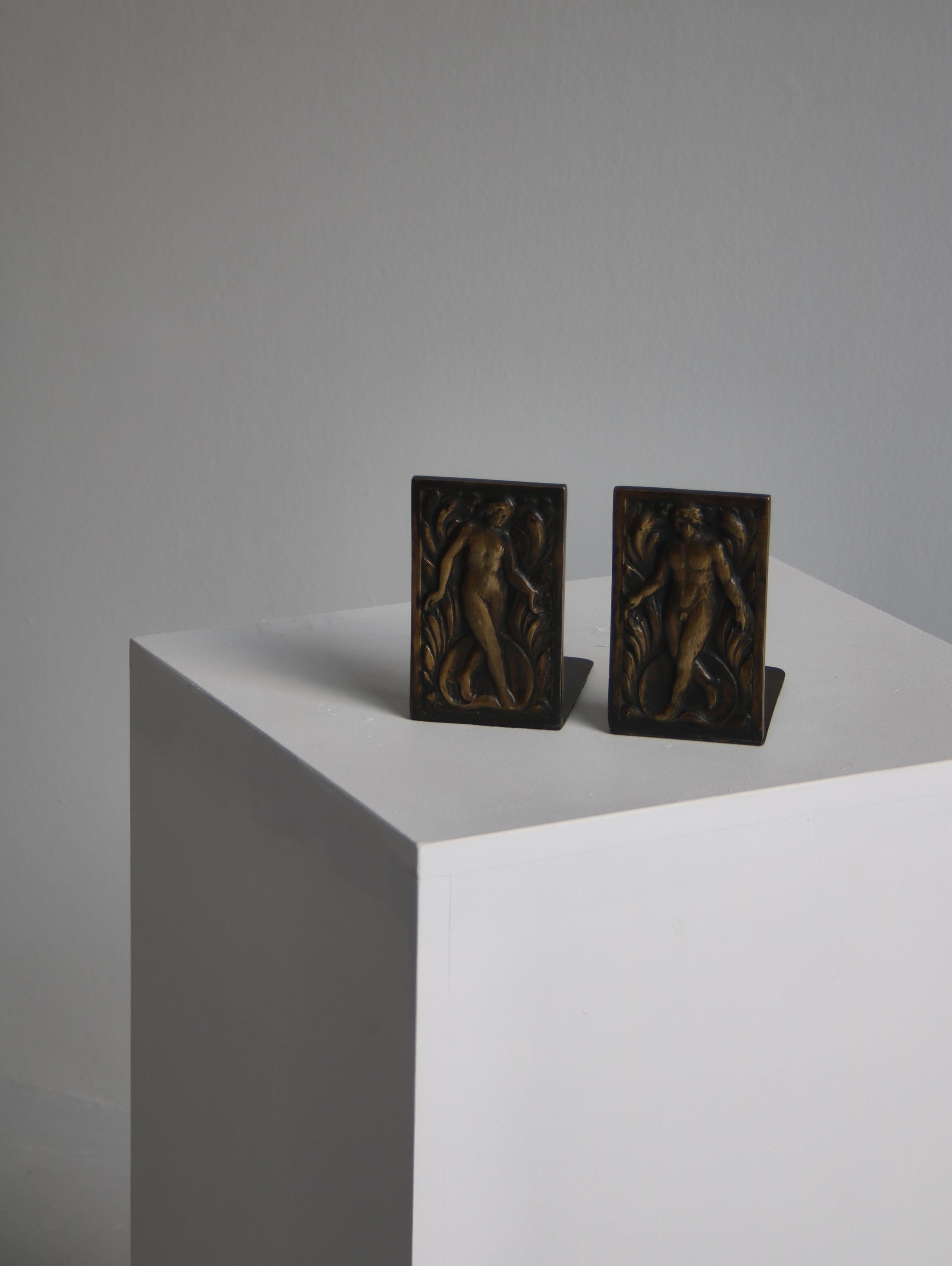 Pair of Danish Art Deco Bronze Bookends with Man & Woman Figures 