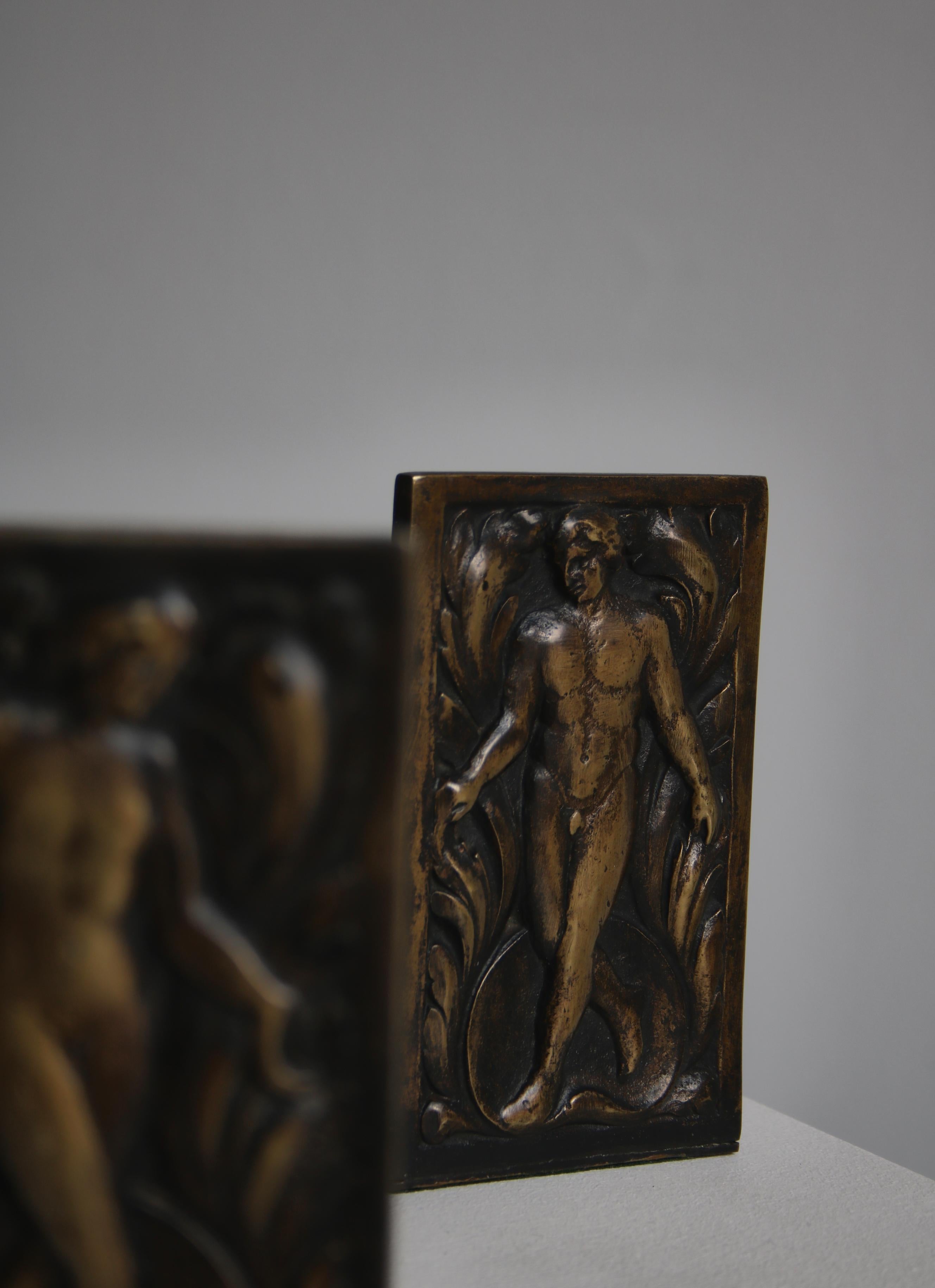 Pair of Danish Art Deco Bronze Bookends with Man & Woman Figures 