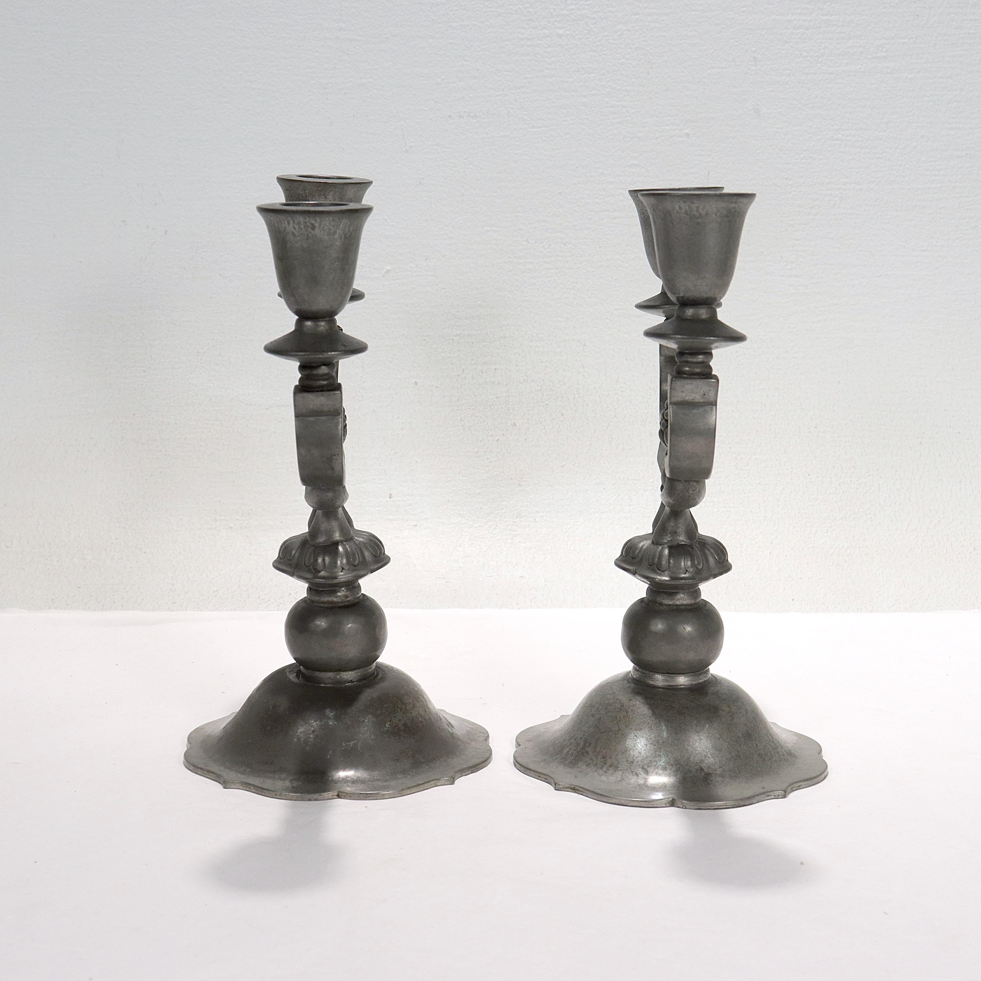 Pair of Danish Art Deco Just Andersen Two-Light Pewter Candelabra In Good Condition For Sale In Philadelphia, PA
