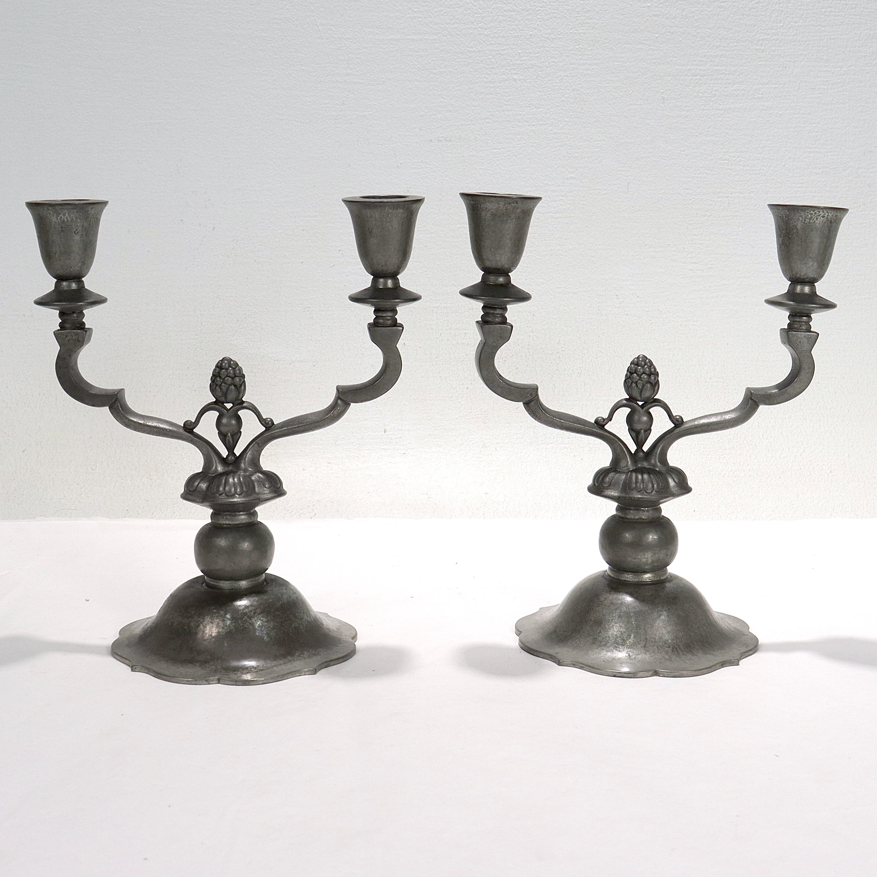 Early 20th Century Pair of Danish Art Deco Just Andersen Two-Light Pewter Candelabra For Sale