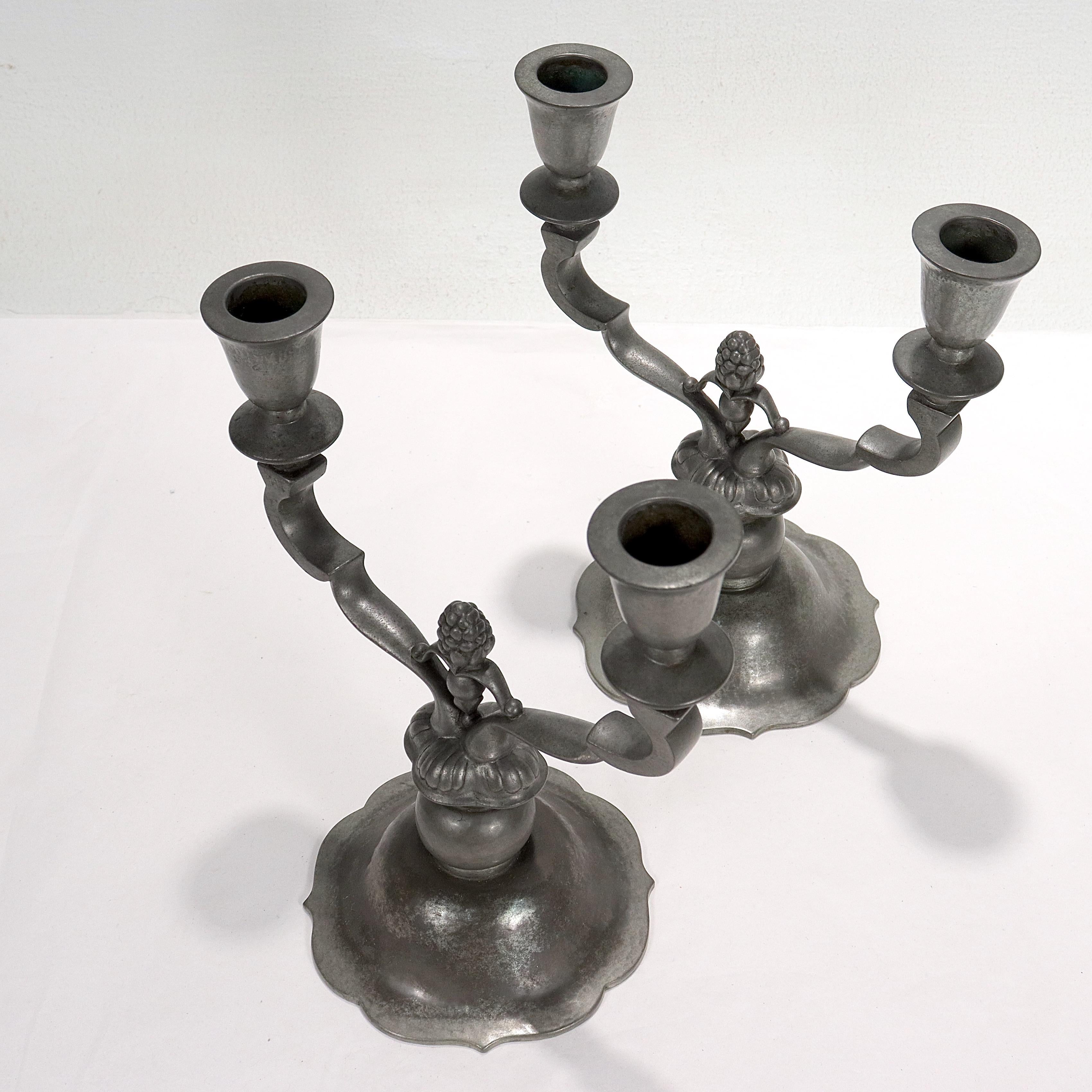 Pair of Danish Art Deco Just Andersen Two-Light Pewter Candelabra For Sale 5