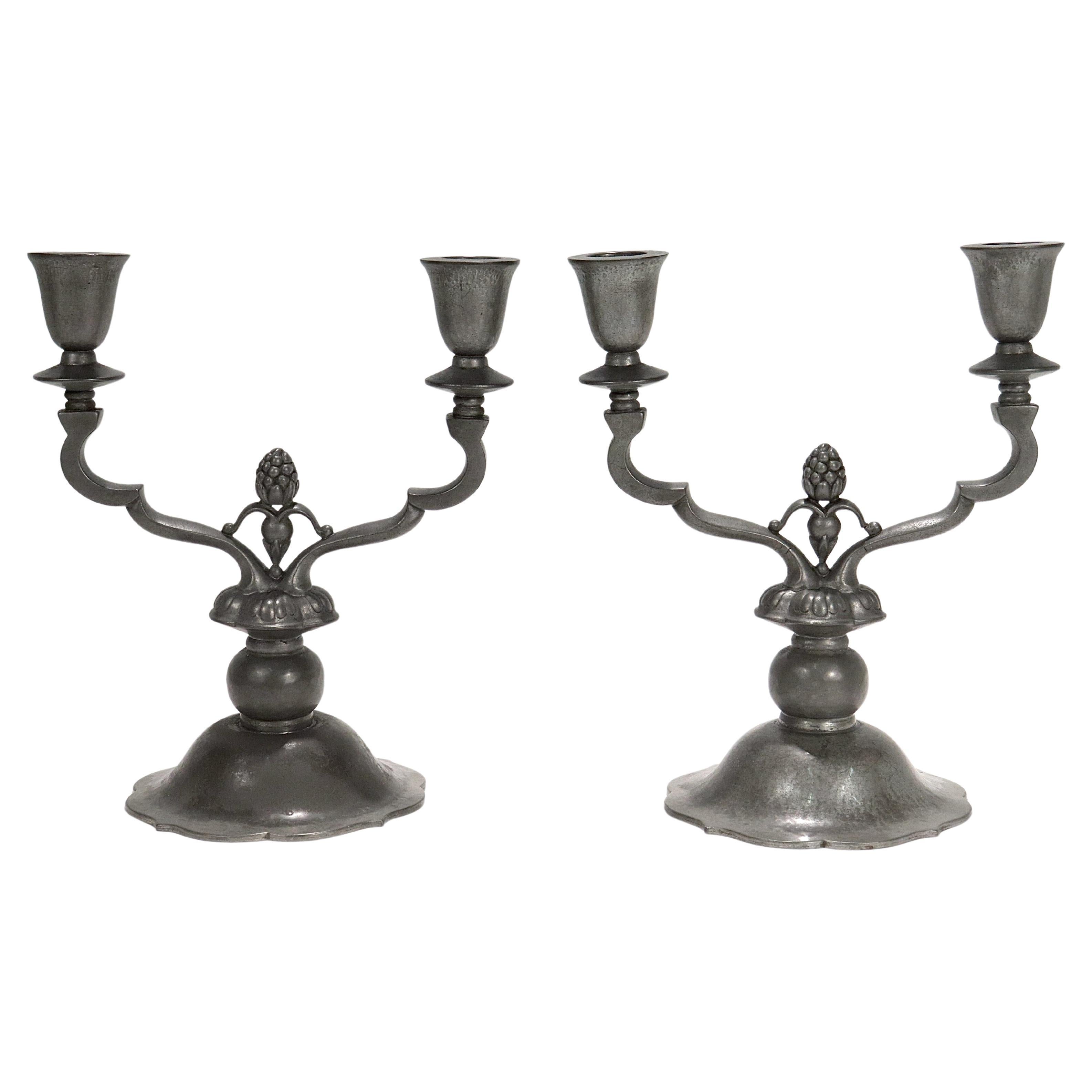 Pair of Danish Art Deco Just Andersen Two-Light Pewter Candelabra For Sale