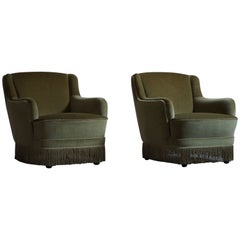 Pair of Danish Art Deco Lounge Chairs in Green Velvet, 1940s