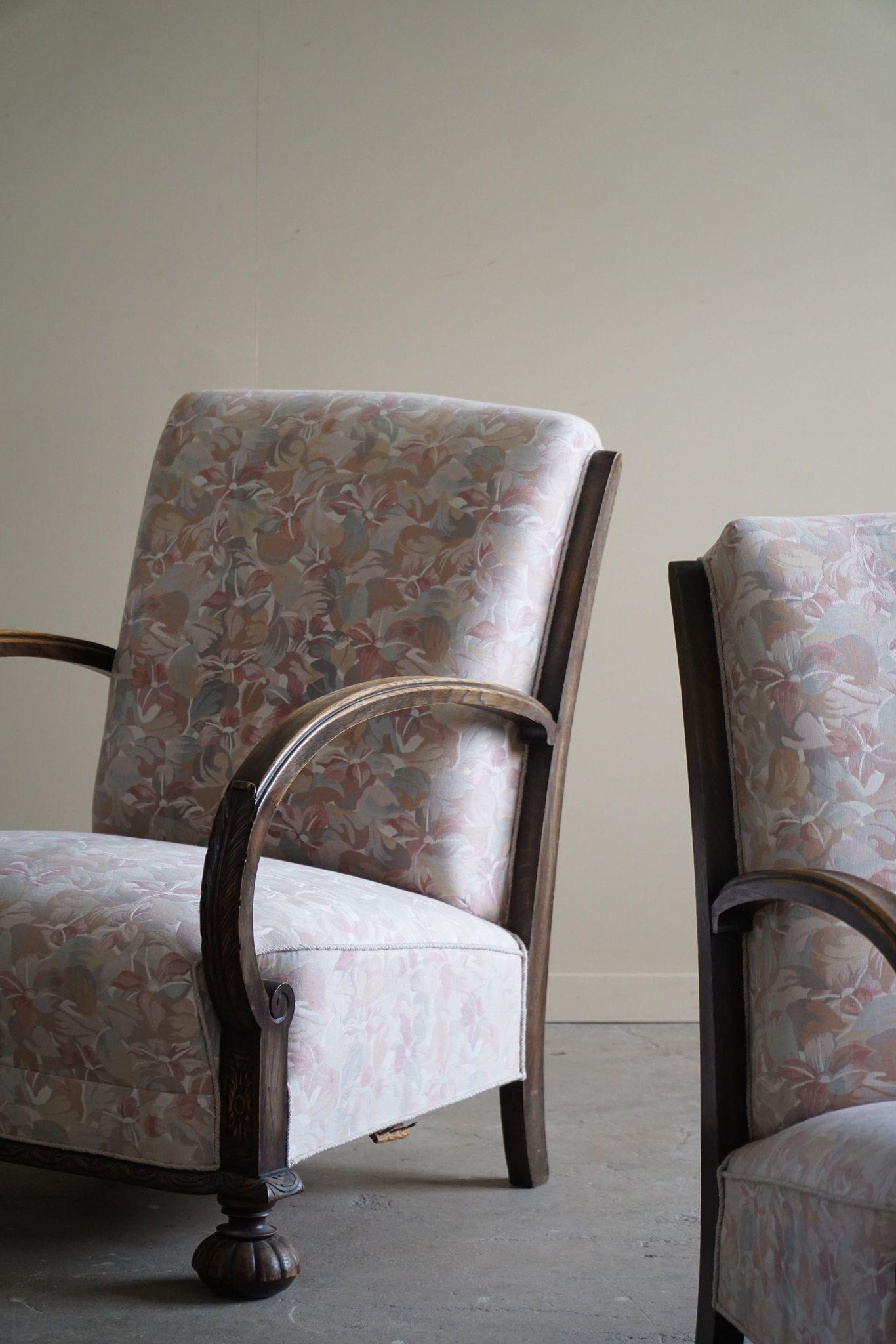 Pair of Danish Art Deco Lounge Chairs, Oak & Vibrant Flora Fabric, 1940s For Sale 8