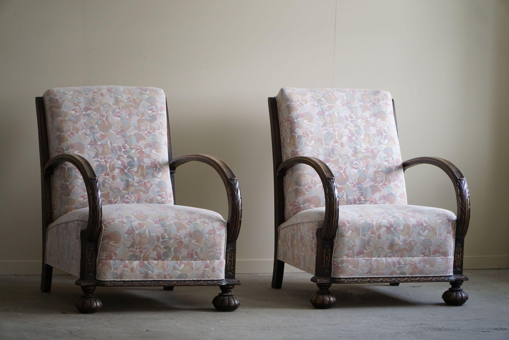 Pair of Danish Art Deco Lounge Chairs, Oak & Vibrant Flora Fabric, 1940s For Sale 9