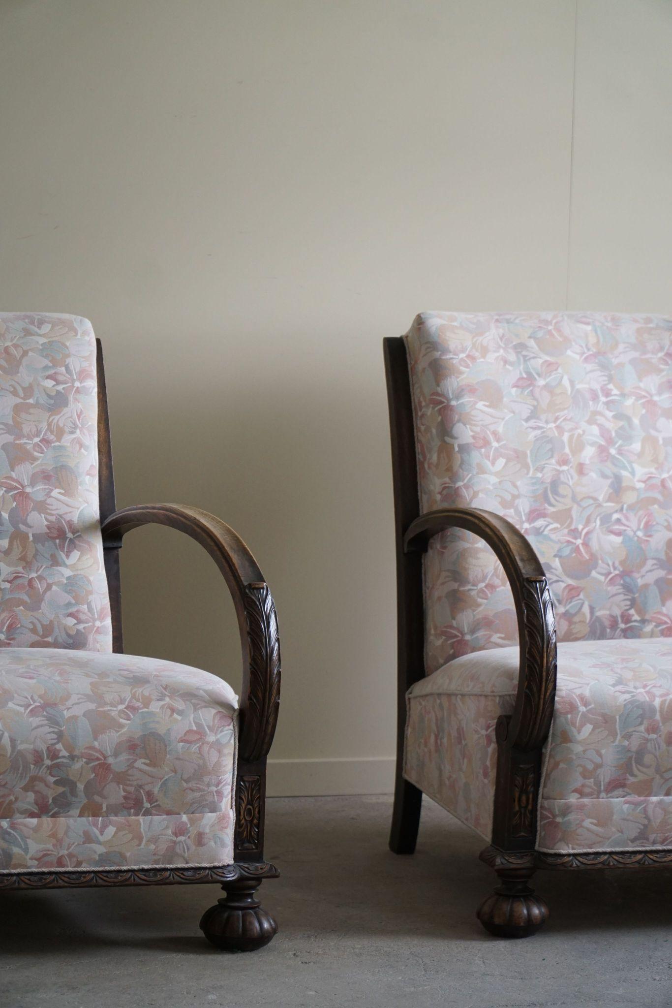 Pair of Danish Art Deco Lounge Chairs, Oak & Vibrant Flora Fabric, 1940s For Sale 10