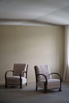 Coppia di sedie da salotto danesi Art Deco, Oak e tessuto a fiori vivaci, anni '40