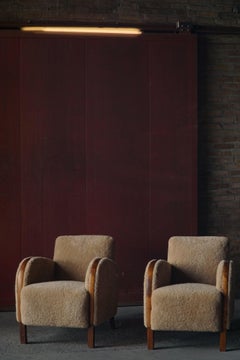 Pair of Danish Art Deco Lounge Chairs, Reupholstered, Lambswool & Birch, 1940s