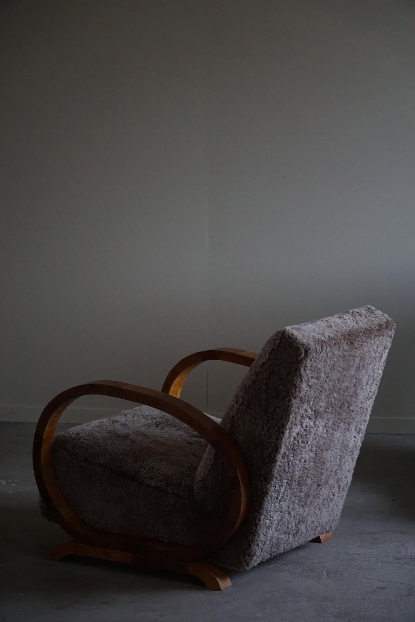 Pair of Danish Art Deco Lounge Chairs, Reupholstered, Lambswool & Walnut, 1930s 5
