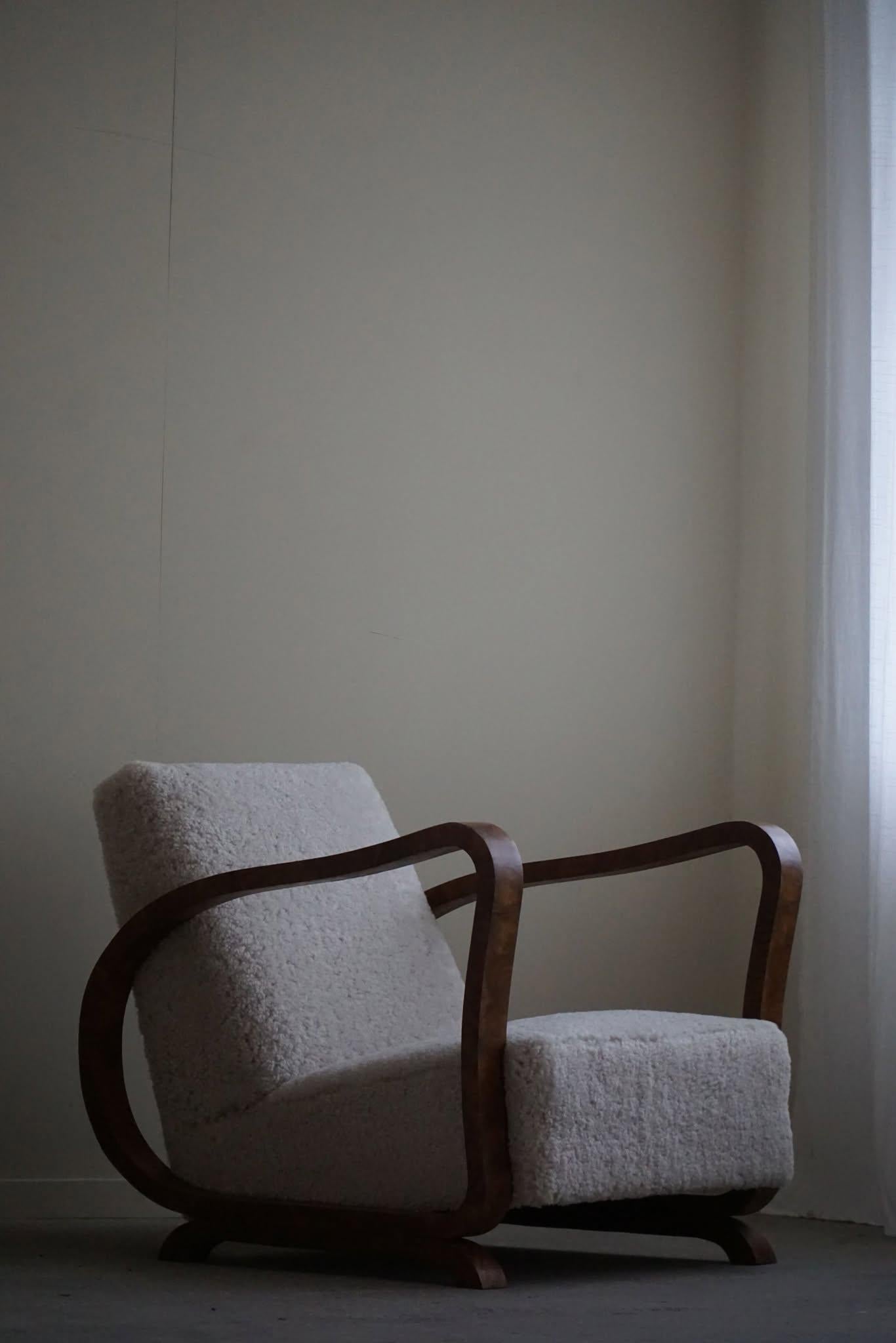 Pair of Danish Art Deco Lounge Chairs, Reupholstered, Lambswool & Walnut, 1930s 9