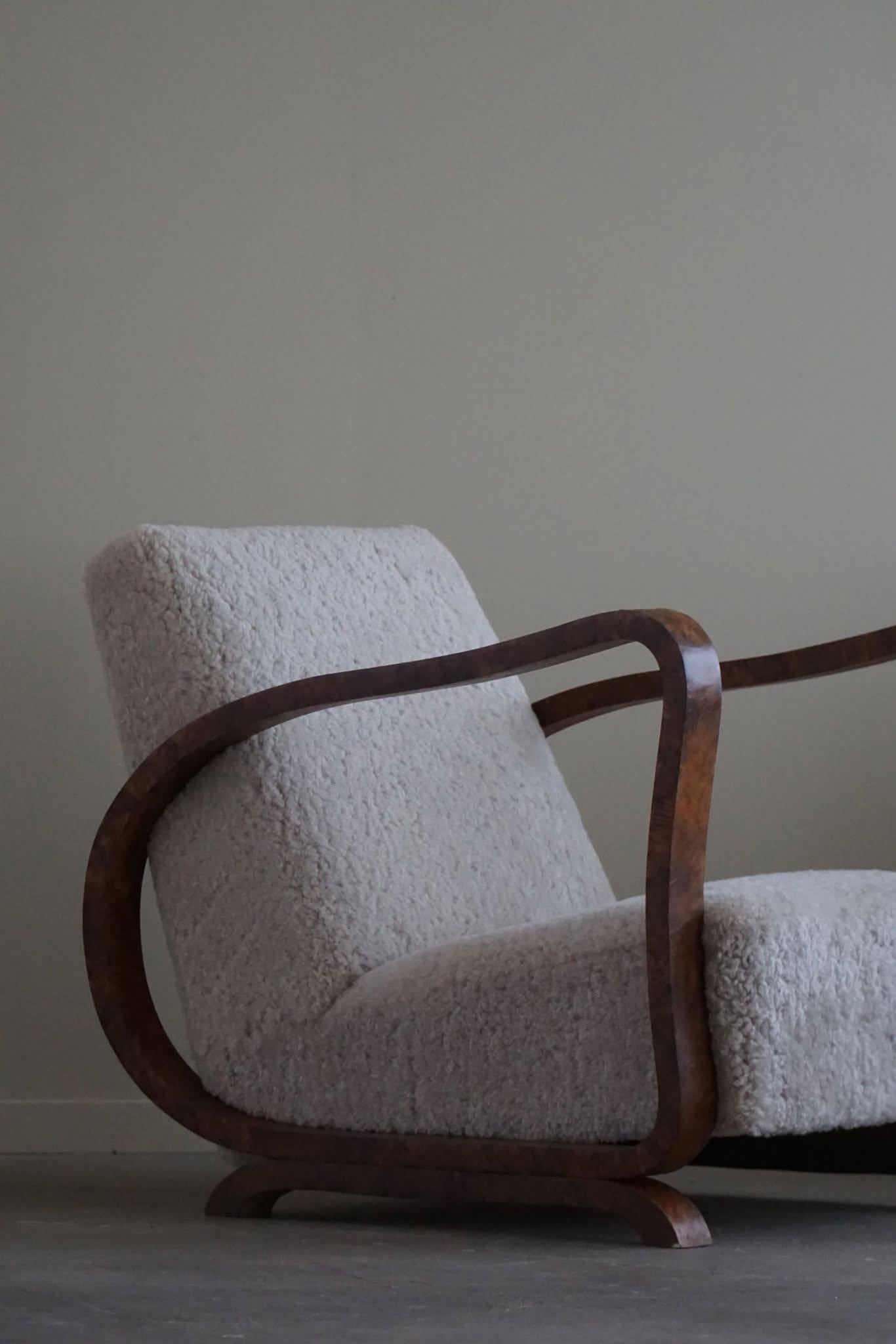 Pair of Danish Art Deco Lounge Chairs, Reupholstered, Lambswool & Walnut, 1930s 10
