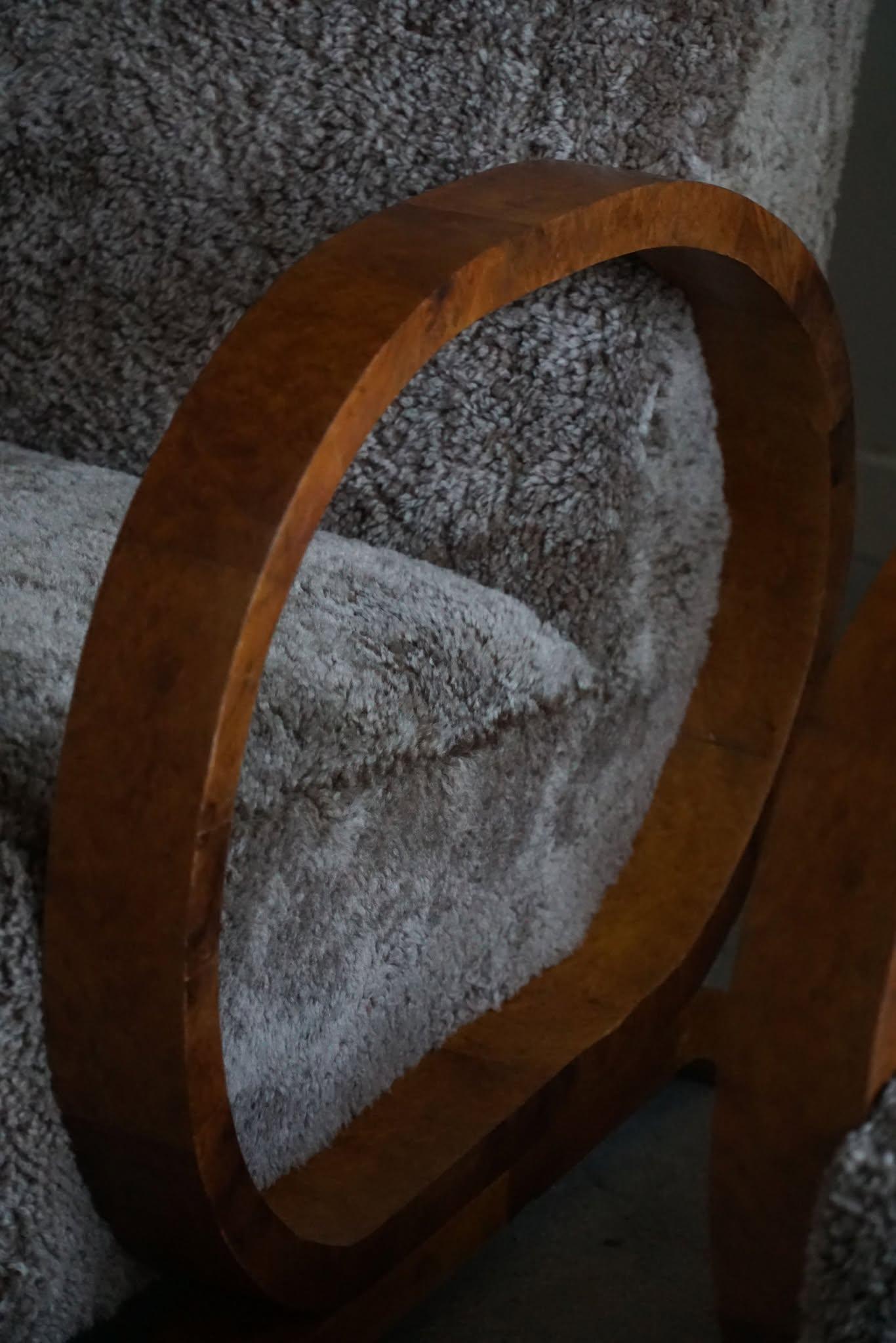 Pair of Danish Art Deco Lounge Chairs, Reupholstered, Lambswool & Walnut, 1930s 11