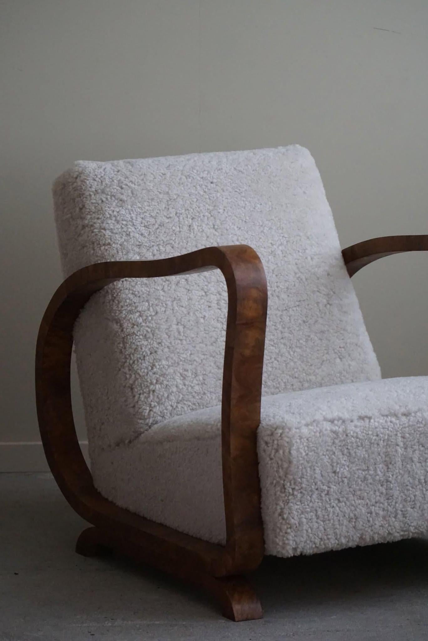 Pair of Danish Art Deco Lounge Chairs, Reupholstered, Lambswool & Walnut, 1930s 11