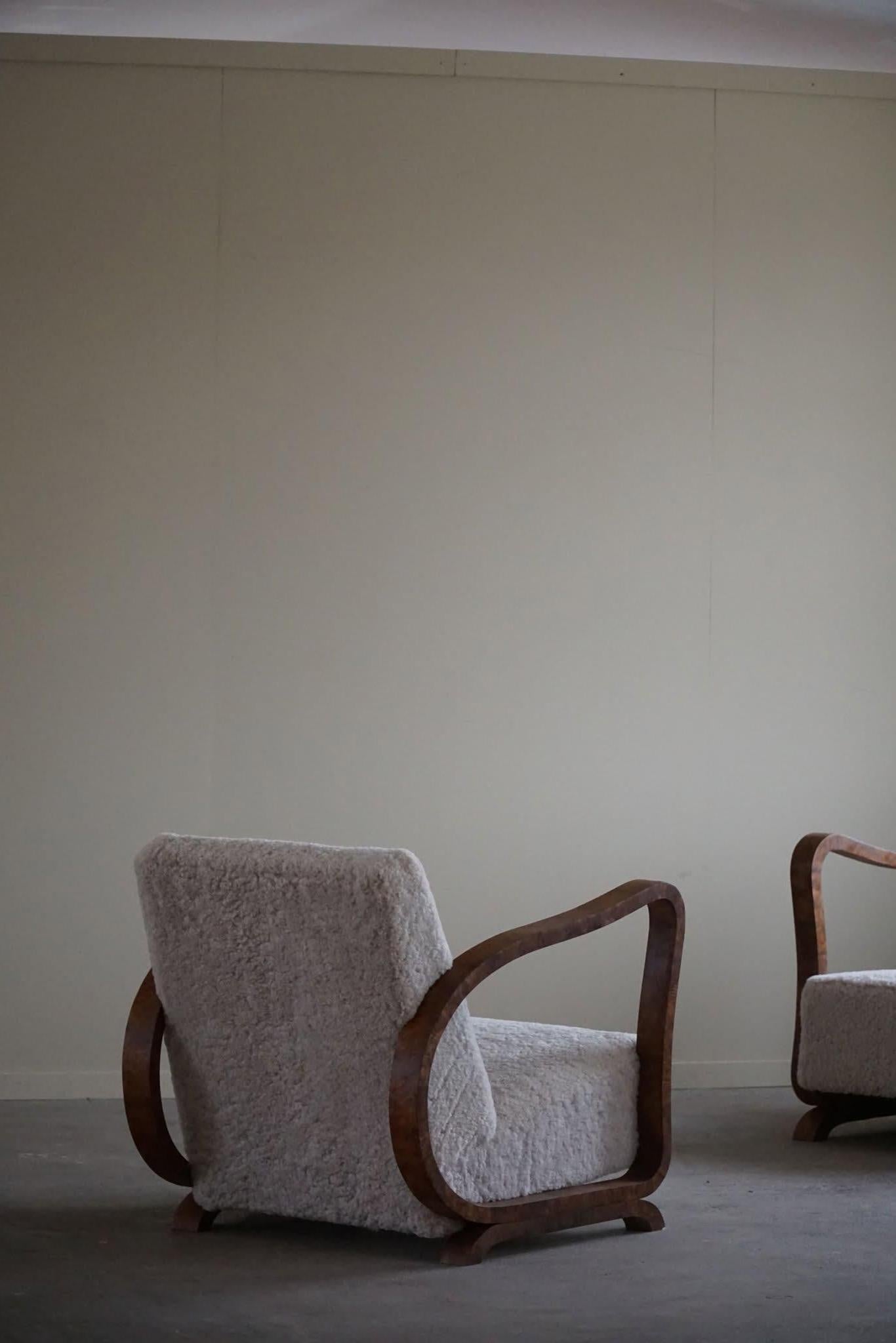 Pair of Danish Art Deco Lounge Chairs, Reupholstered, Lambswool & Walnut, 1930s 13