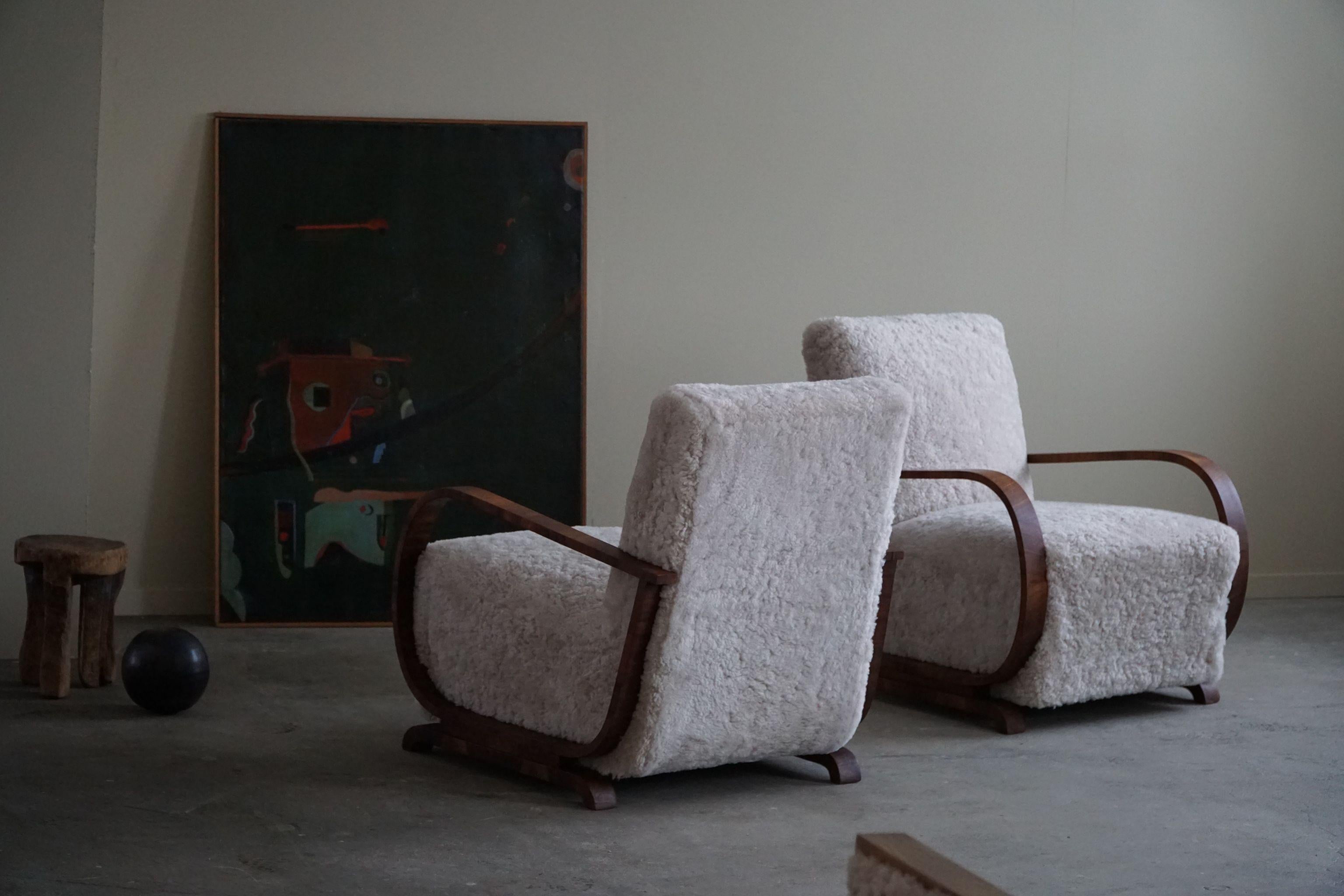 Scandinavian Pair of Danish Art Deco Lounge Chairs, Reupholstered, Lambswool & Walnut, 1930s