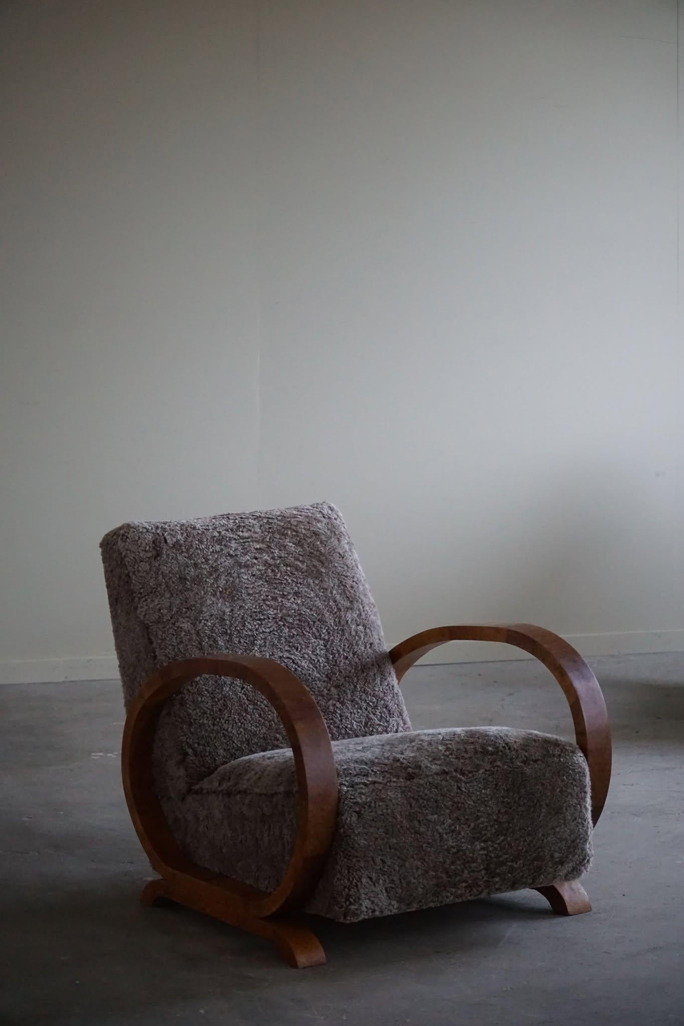 Scandinavian Pair of Danish Art Deco Lounge Chairs, Reupholstered, Lambswool & Walnut, 1930s