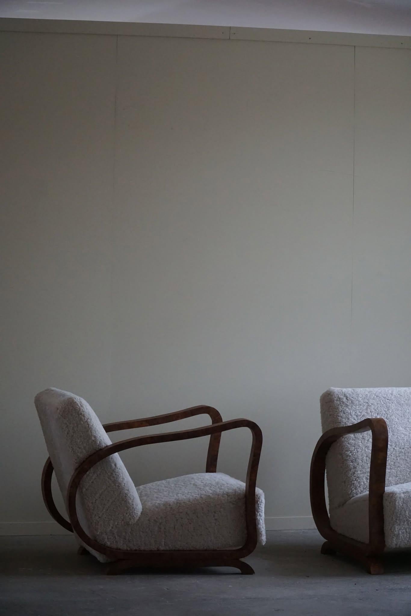 Scandinavian Pair of Danish Art Deco Lounge Chairs, Reupholstered, Lambswool & Walnut, 1930s