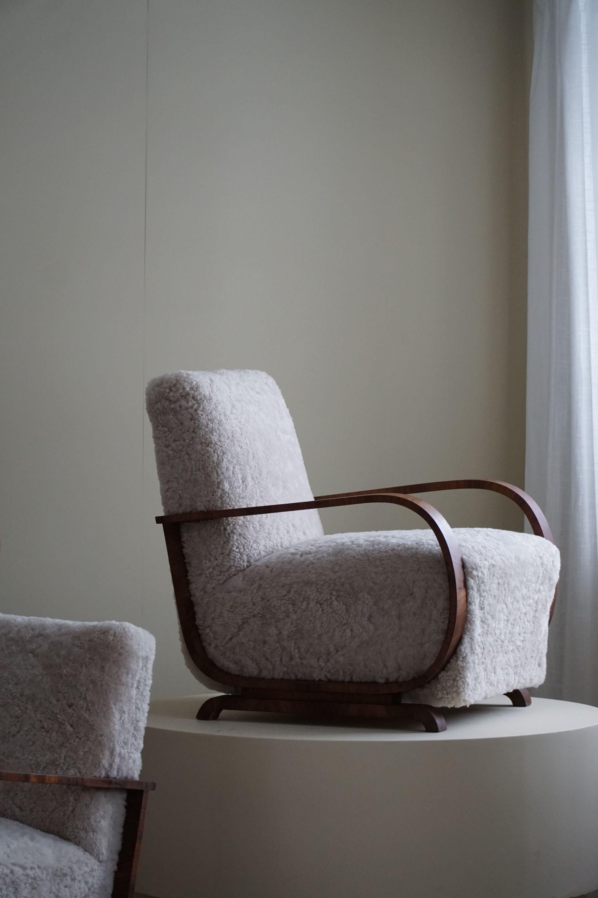 20th Century Pair of Danish Art Deco Lounge Chairs, Reupholstered, Lambswool & Walnut, 1930s