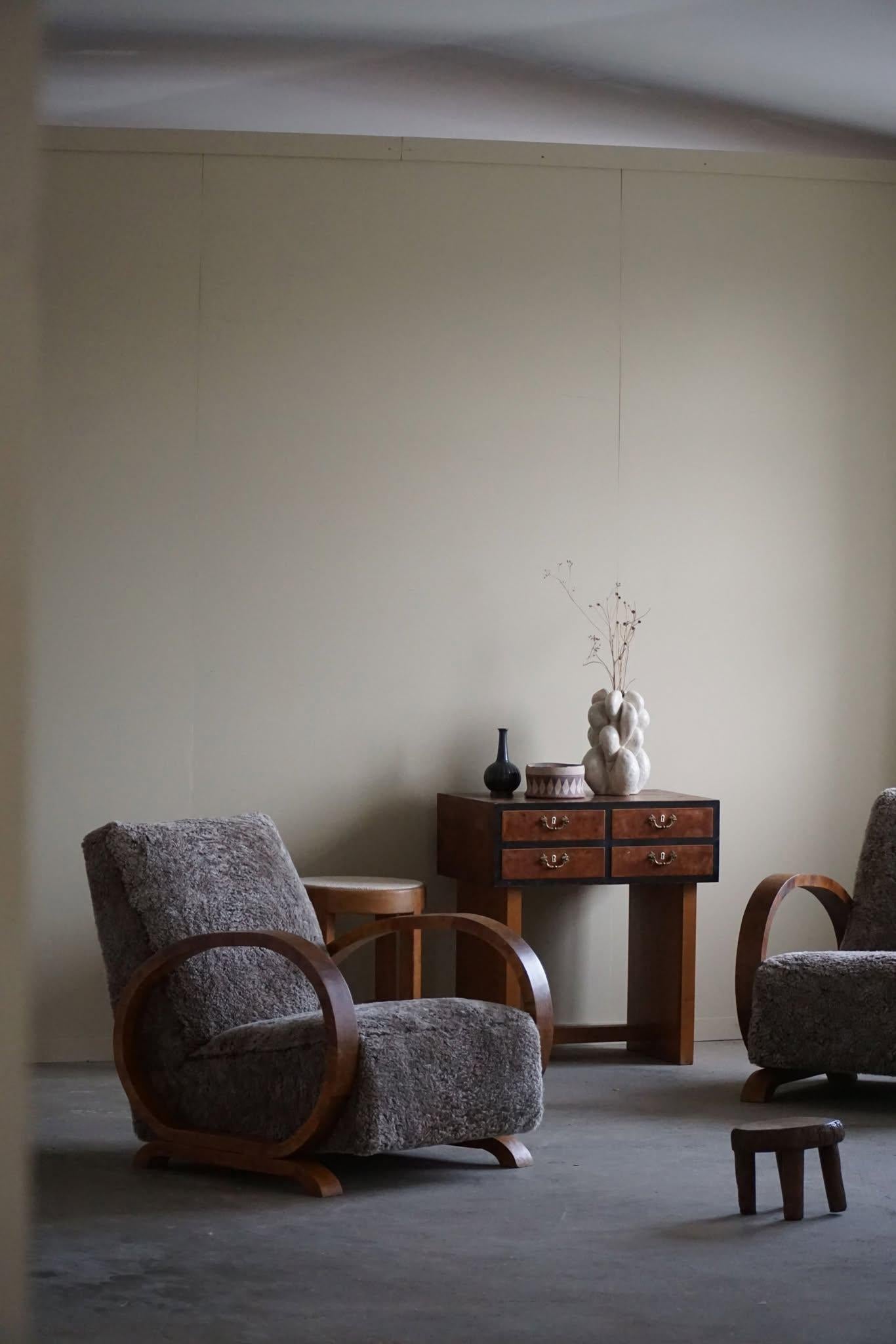 20th Century Pair of Danish Art Deco Lounge Chairs, Reupholstered, Lambswool & Walnut, 1930s