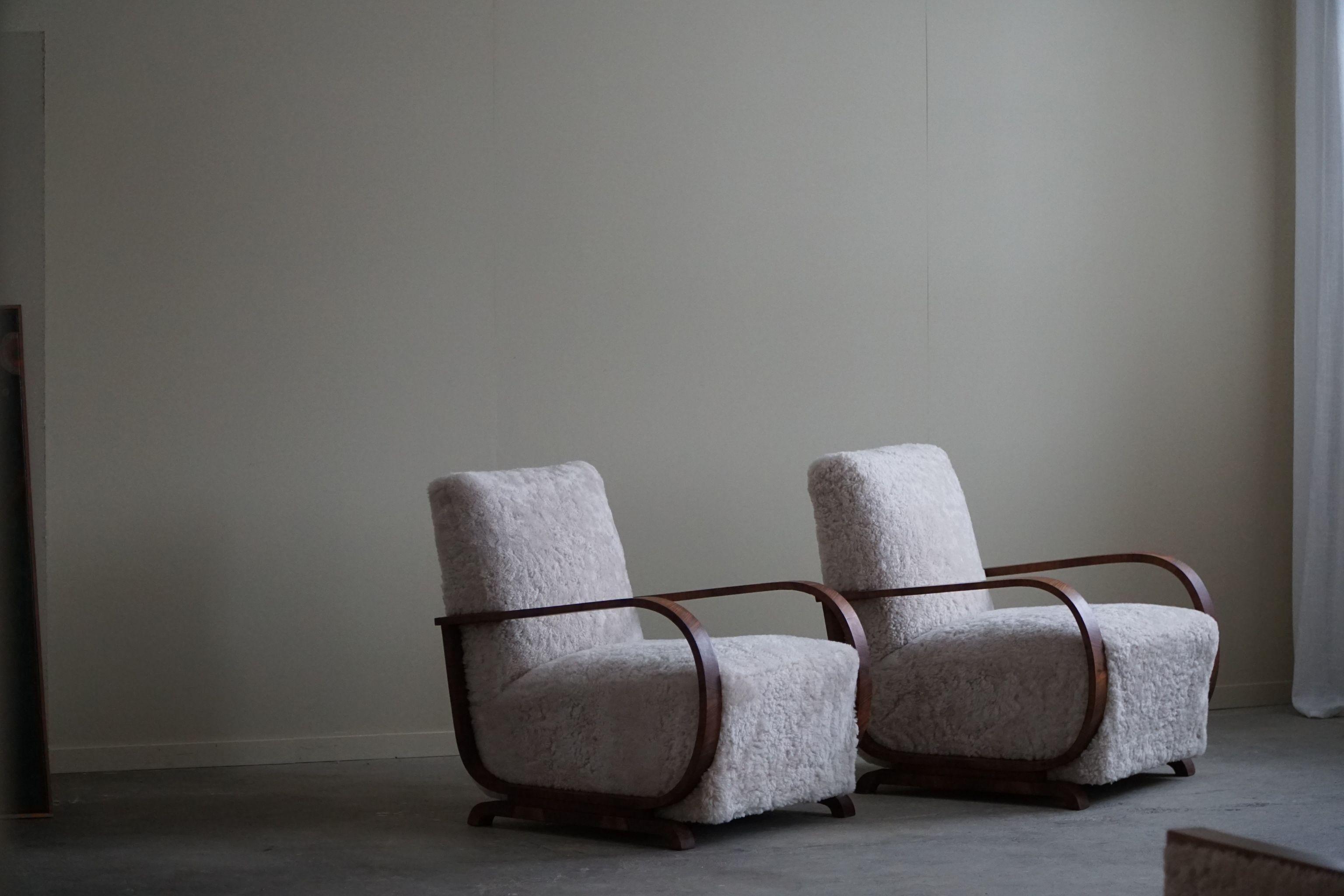 Pair of Danish Art Deco Lounge Chairs, Reupholstered, Lambswool & Walnut, 1930s 1