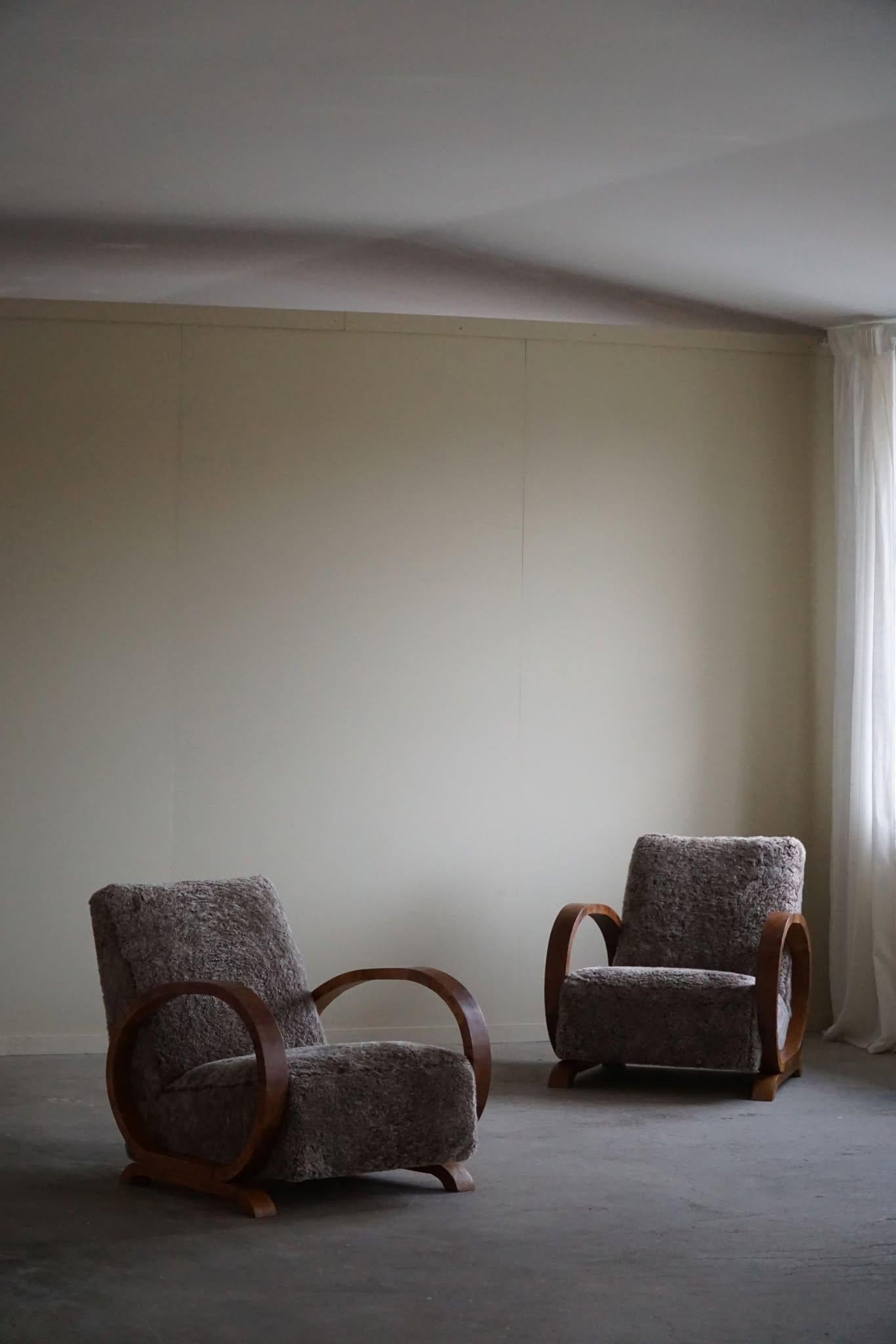Pair of Danish Art Deco Lounge Chairs, Reupholstered, Lambswool & Walnut, 1930s 2