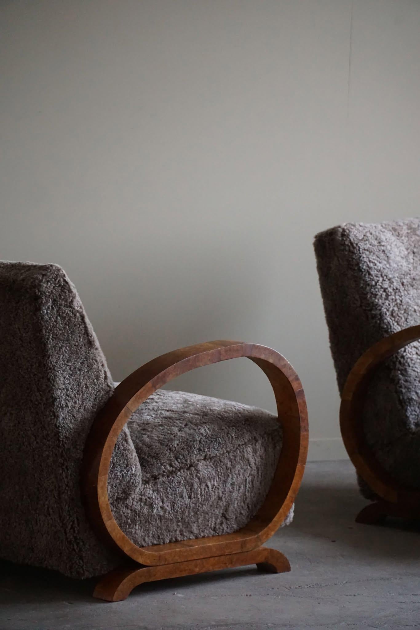 Pair of Danish Art Deco Lounge Chairs, Reupholstered, Lambswool & Walnut, 1930s 3
