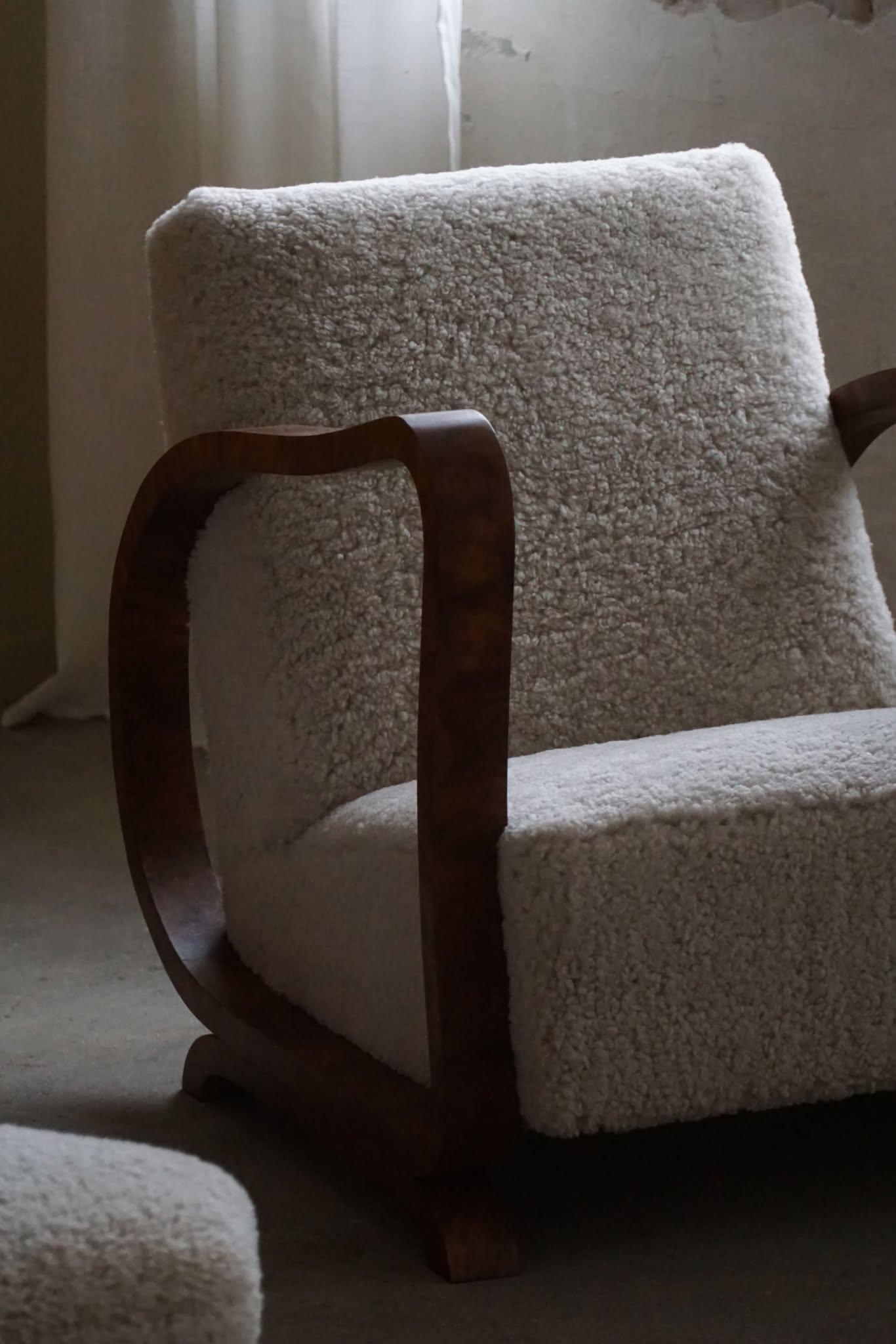 Pair of Danish Art Deco Lounge Chairs, Reupholstered, Lambswool & Walnut, 1930s 3