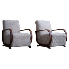 Pair of Danish Art Deco Lounge Chairs, Reupholstered, Lambswool & Walnut, 1930s