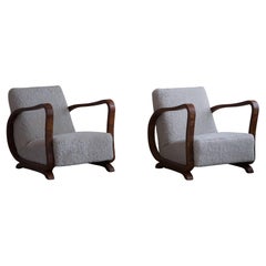Pair of Danish Art Deco Lounge Chairs, Reupholstered, Lambswool & Walnut, 1930s