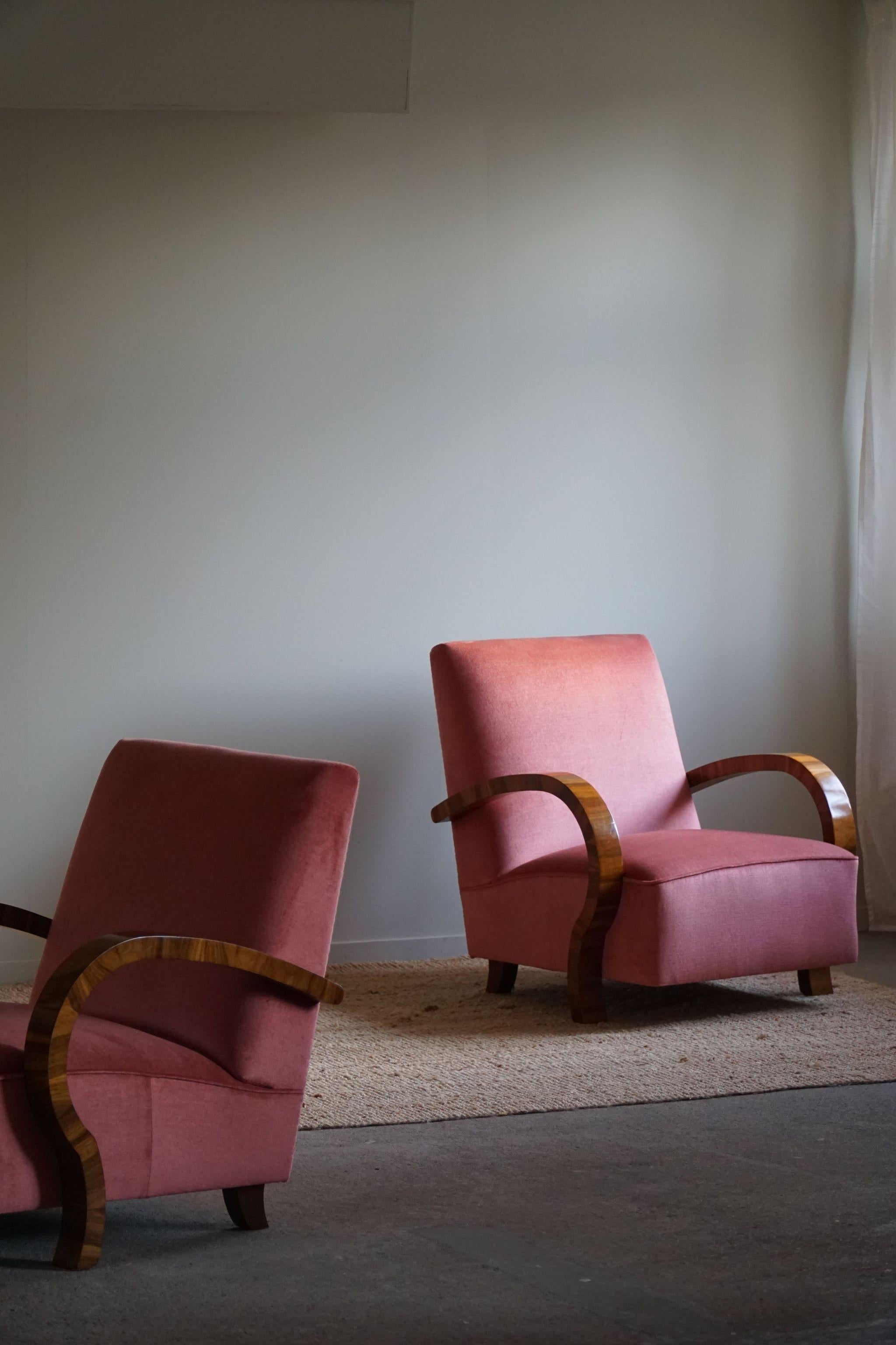 Pair of Danish Art Deco Lounge Chairs, Reupholstered, Velvet & Walnut, 1930s 4