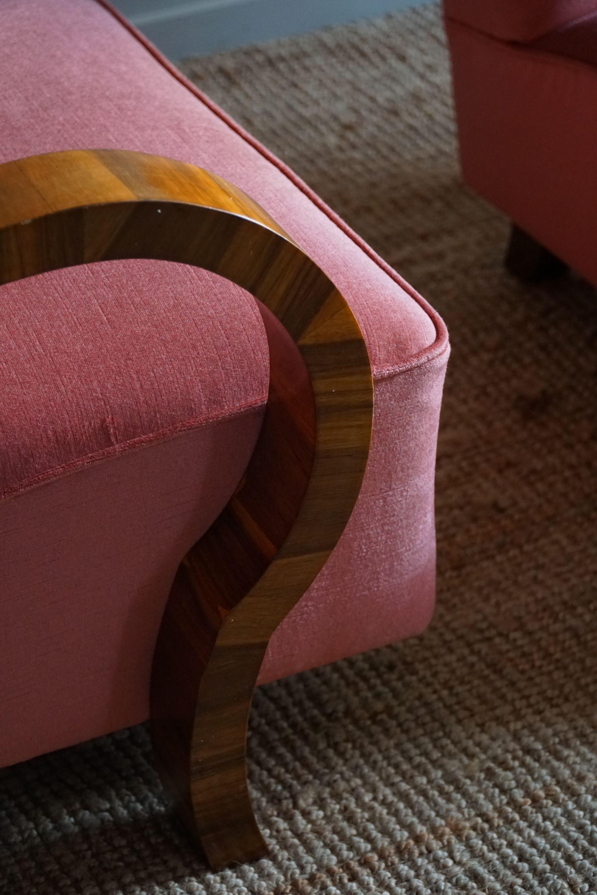 Pair of Danish Art Deco Lounge Chairs, Reupholstered, Velvet & Walnut, 1930s 5