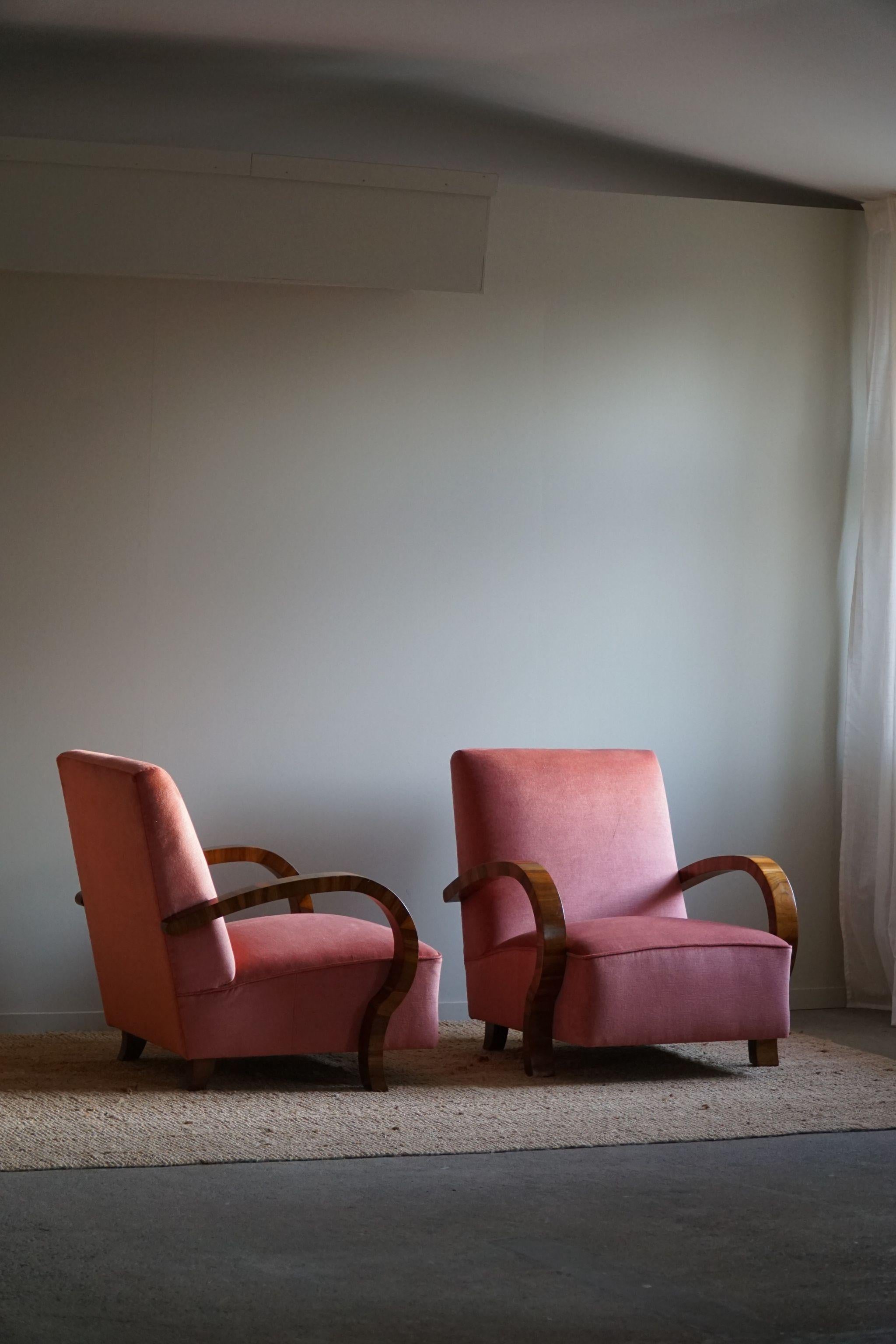 Pair of Danish Art Deco Lounge Chairs, Reupholstered, Velvet & Walnut, 1930s 6
