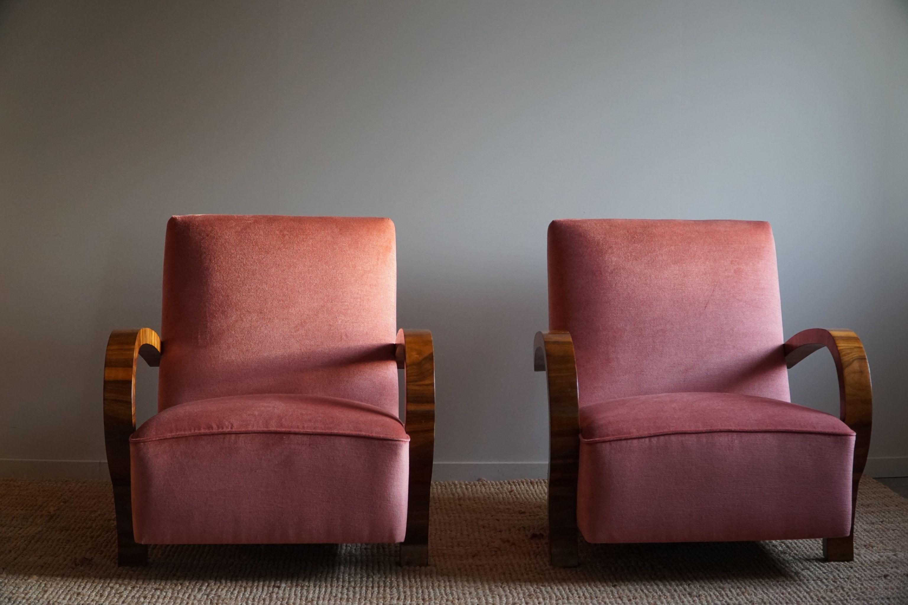 Pair of Danish Art Deco Lounge Chairs, Reupholstered, Velvet & Walnut, 1930s 8