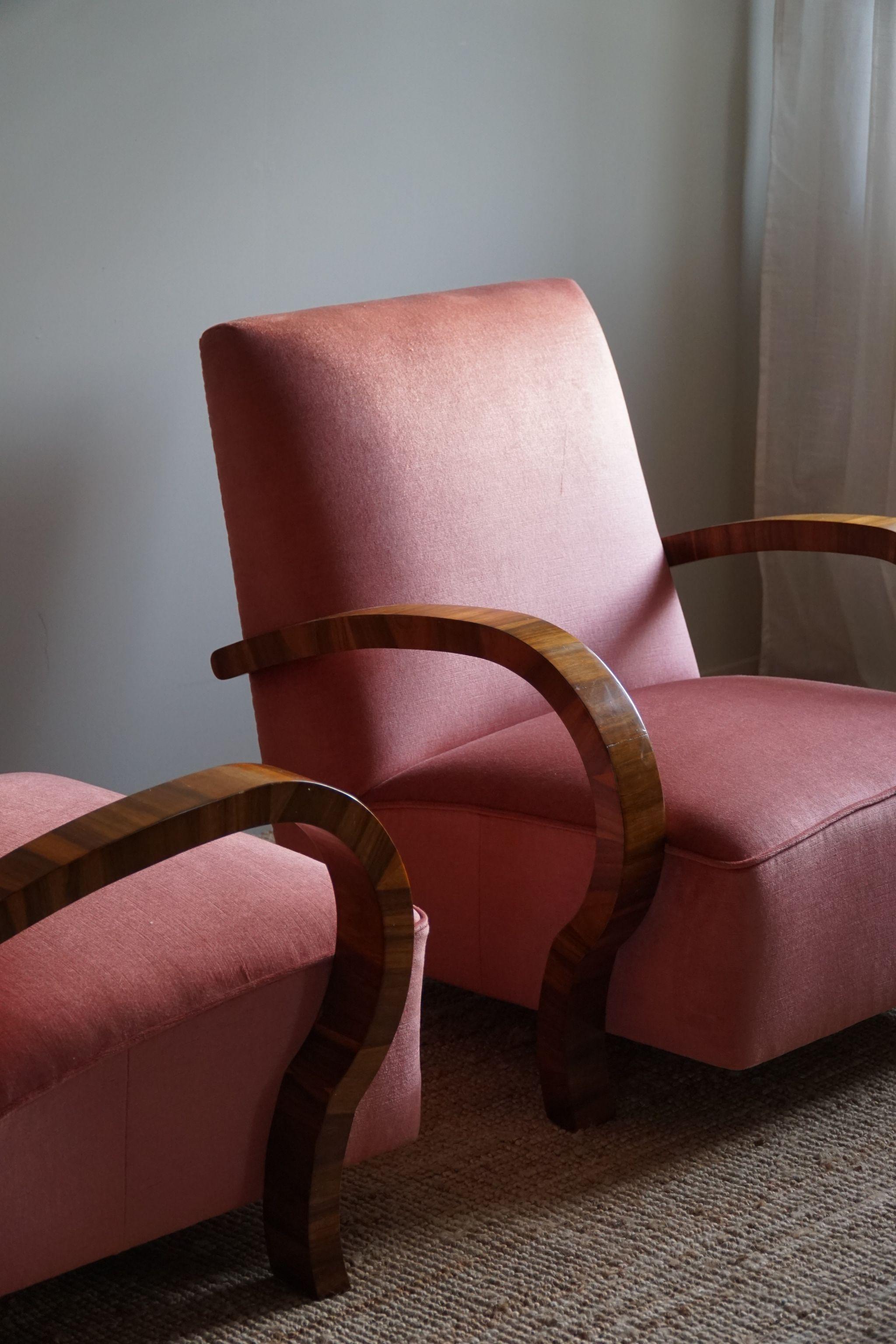 Pair of Danish Art Deco Lounge Chairs, Reupholstered, Velvet & Walnut, 1930s 9