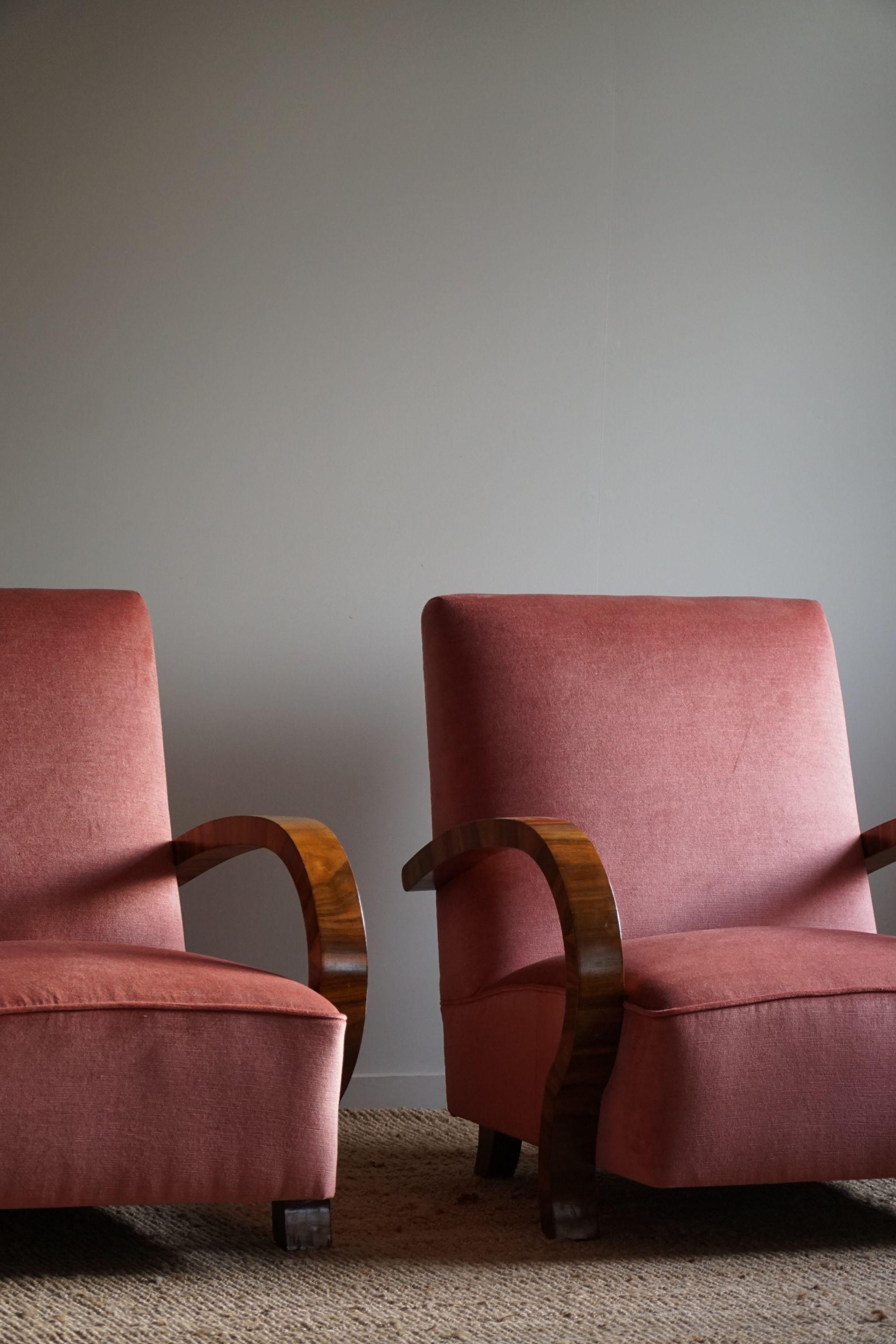 Pair of Danish Art Deco Lounge Chairs, Reupholstered, Velvet & Walnut, 1930s 10