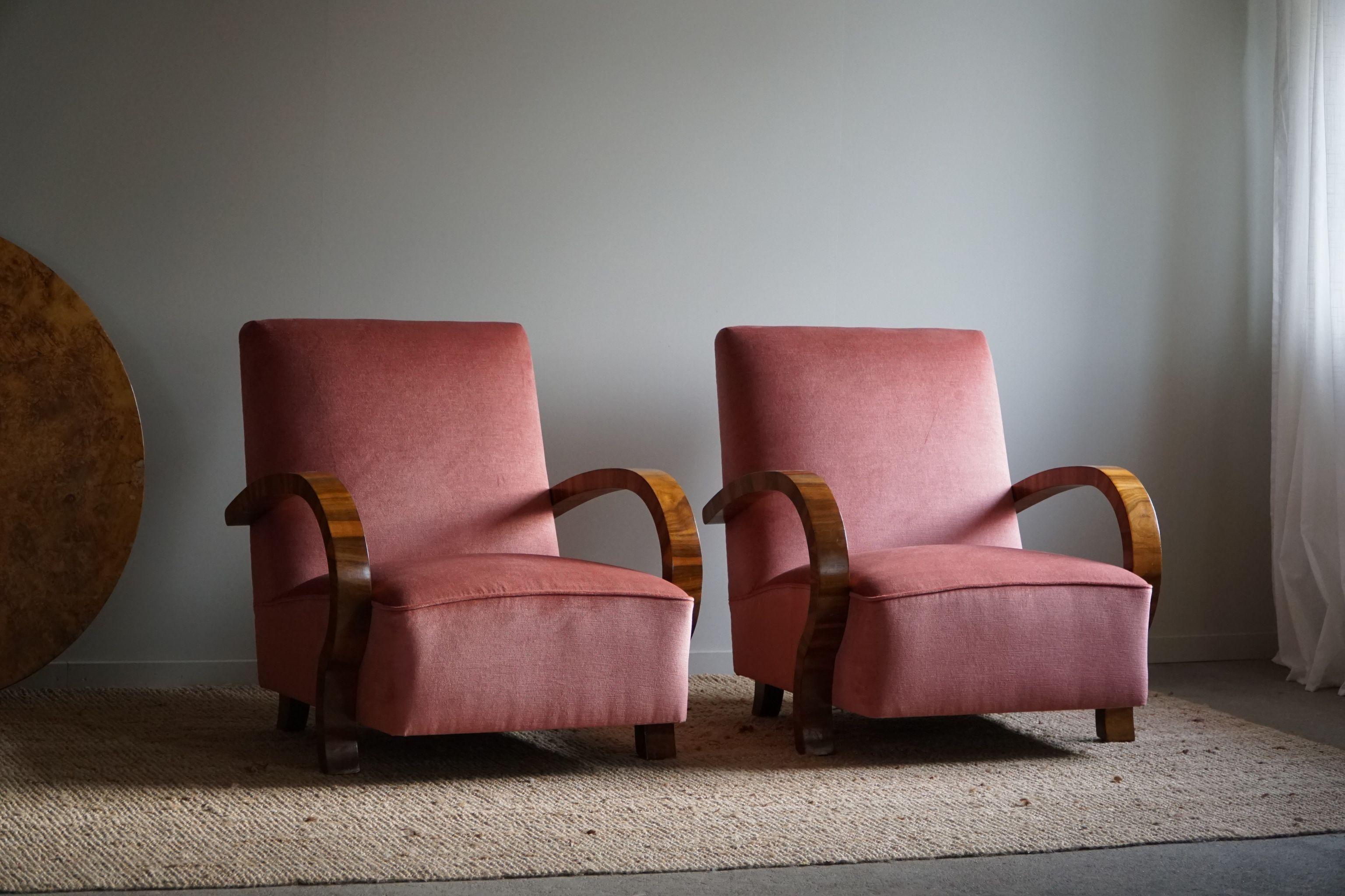Pair of Danish Art Deco Lounge Chairs, Reupholstered, Velvet & Walnut, 1930s 12