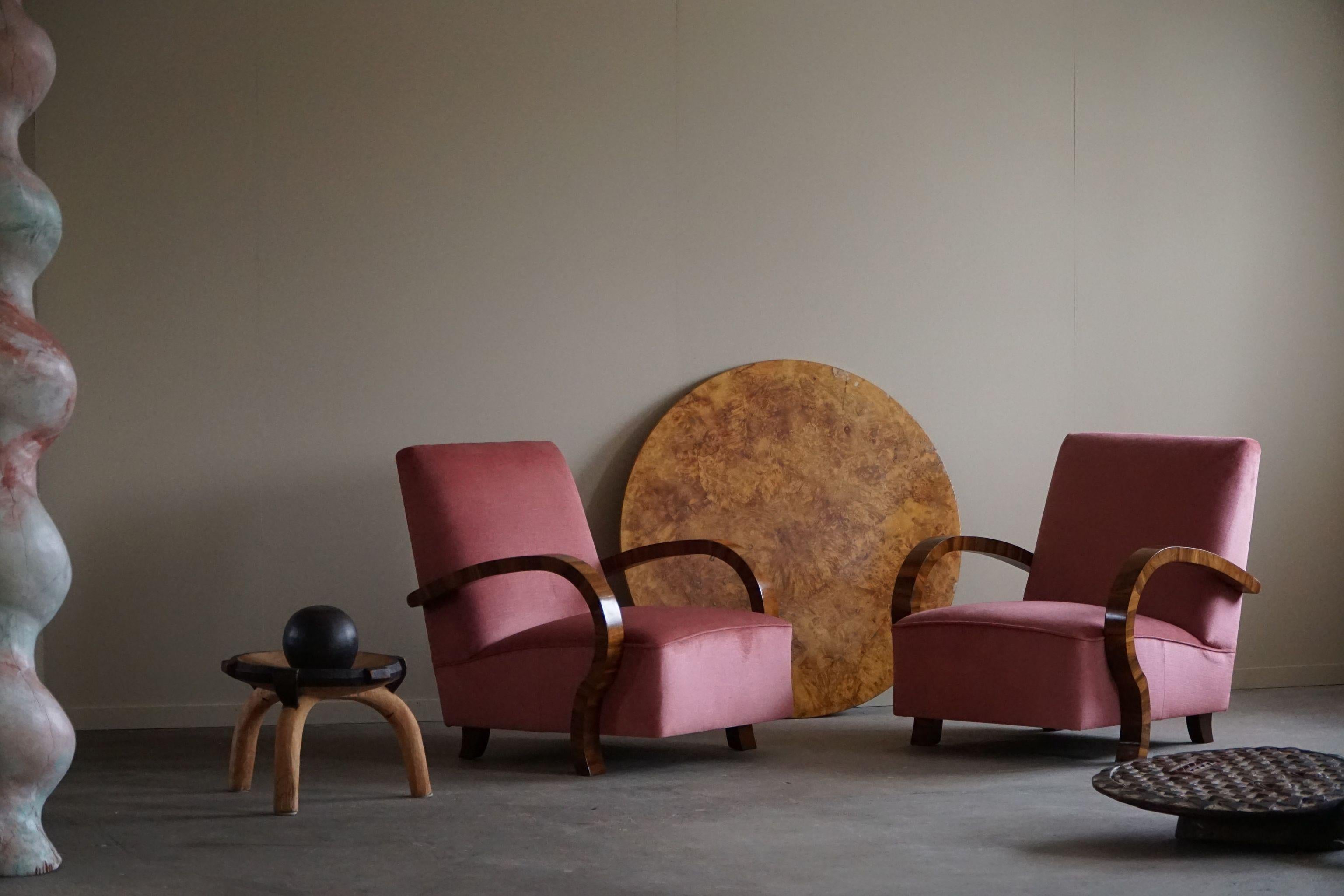 Scandinavian Pair of Danish Art Deco Lounge Chairs, Reupholstered, Velvet & Walnut, 1930s